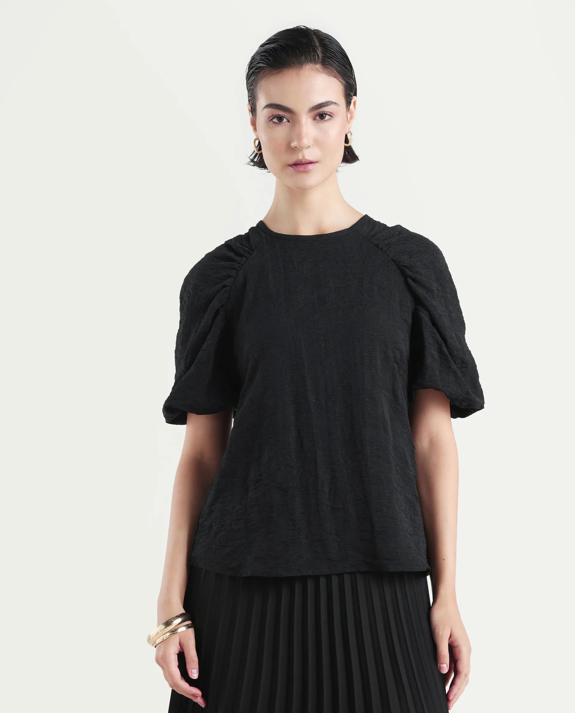 Rareism Women's Nuten Black Nylon Blend Balloon Sleeve Crew Neck Regular Fit Plain Top