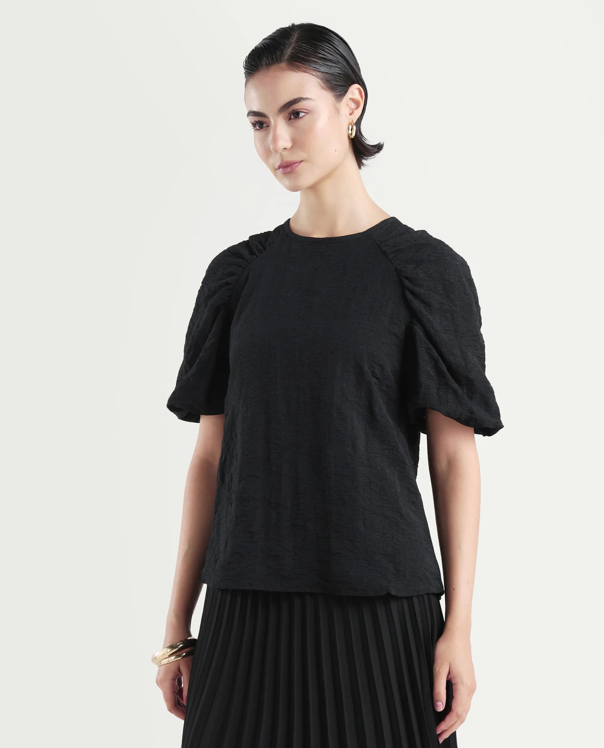 Rareism Women's Nuten Black Nylon Blend Balloon Sleeve Crew Neck Regular Fit Plain Top