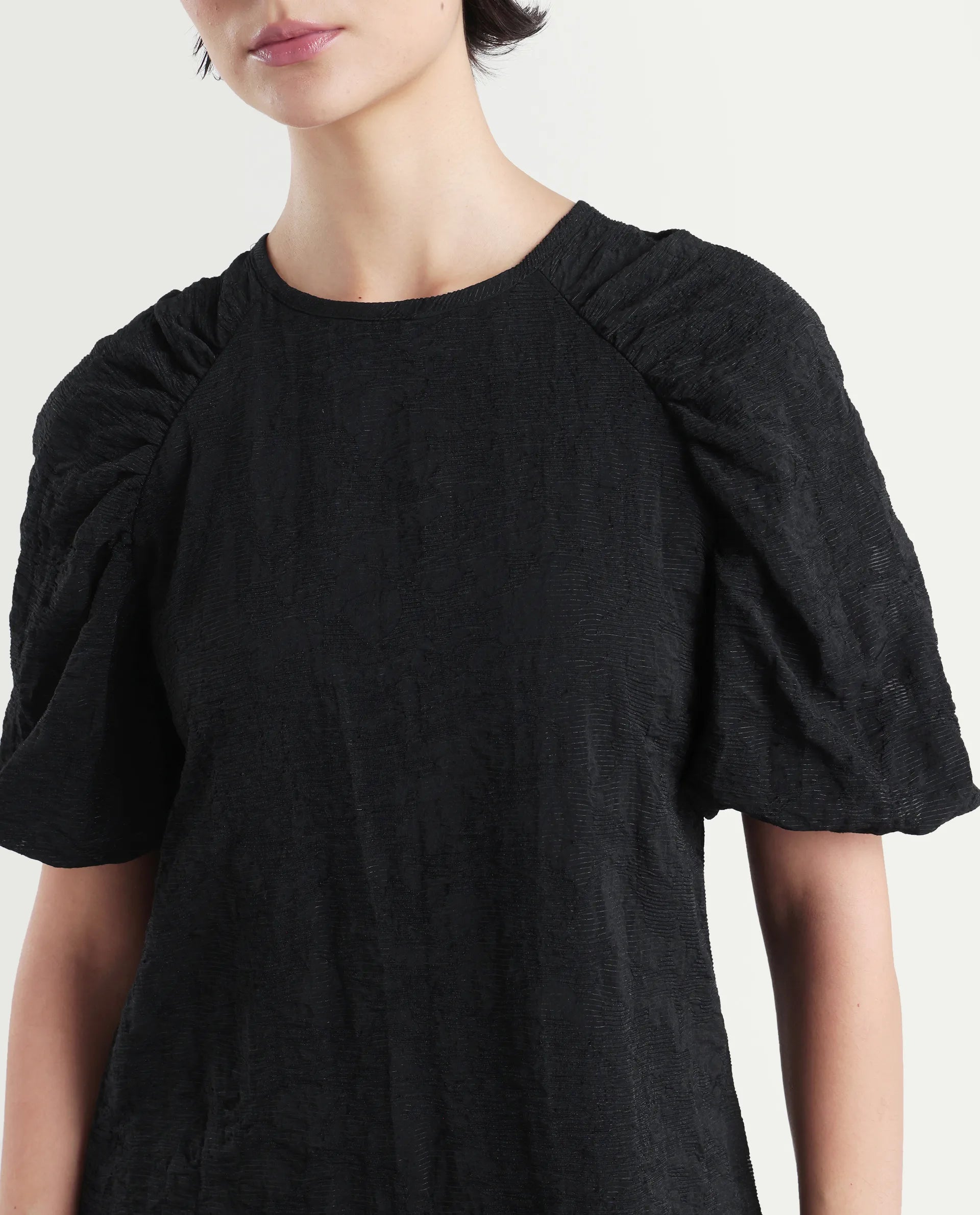 Rareism Women's Nuten Black Nylon Blend Balloon Sleeve Crew Neck Regular Fit Plain Top