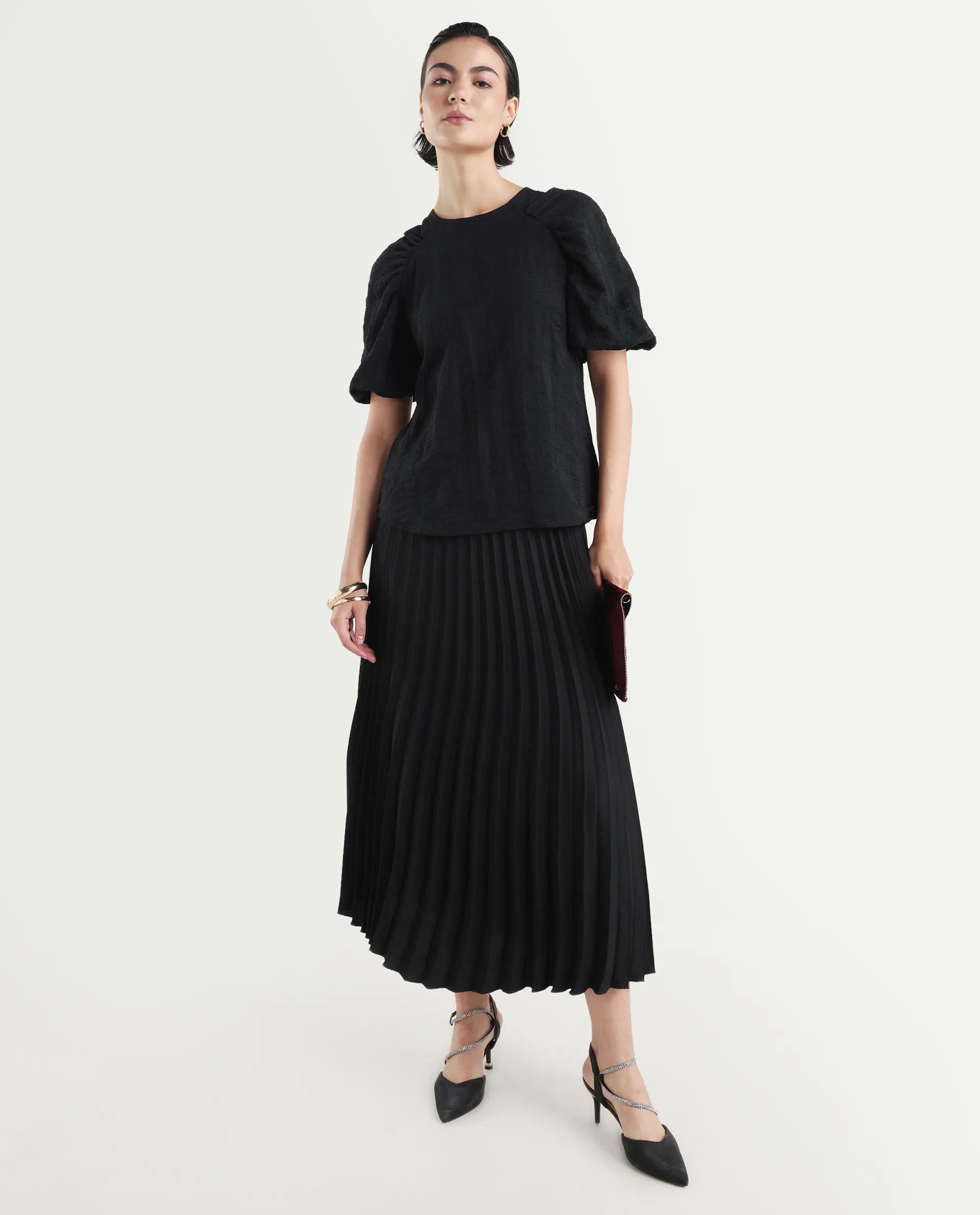 Rareism Women's Nuten Black Nylon Blend Balloon Sleeve Crew Neck Regular Fit Plain Top