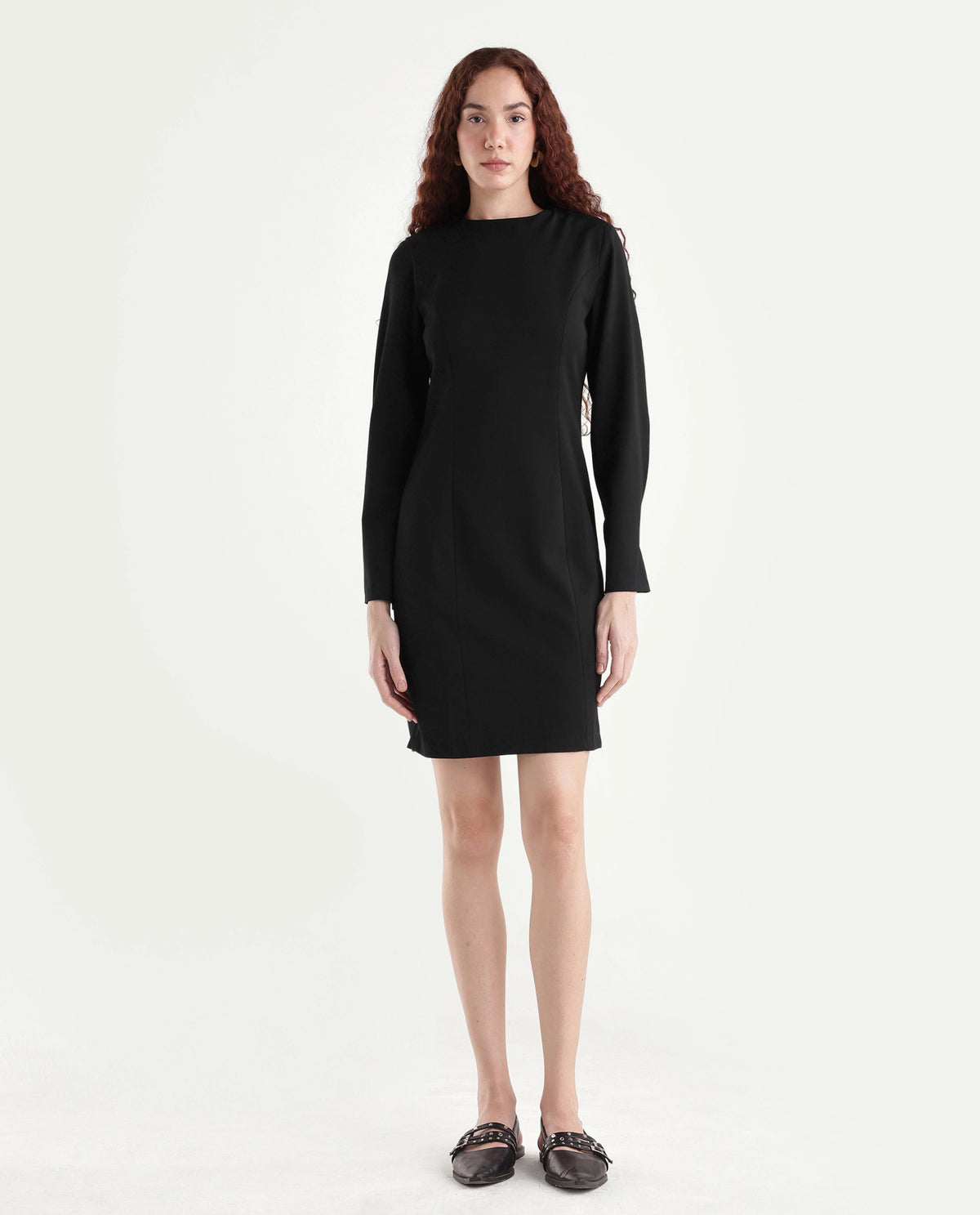 Rareism Women Juna Black Polyester Blend Solid Fitted Dress