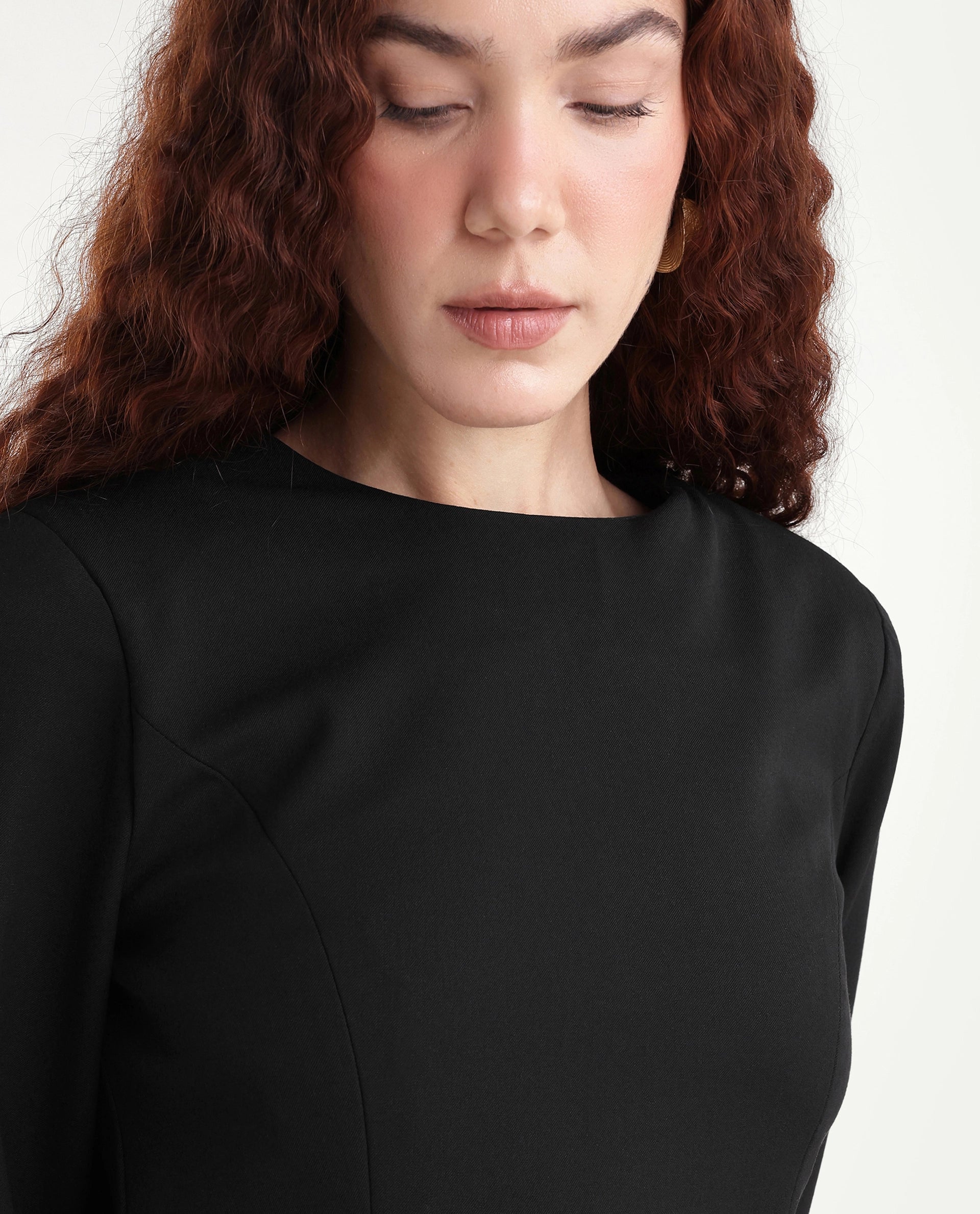Rareism Women Juna Black Polyester Blend Solid Fitted Dress