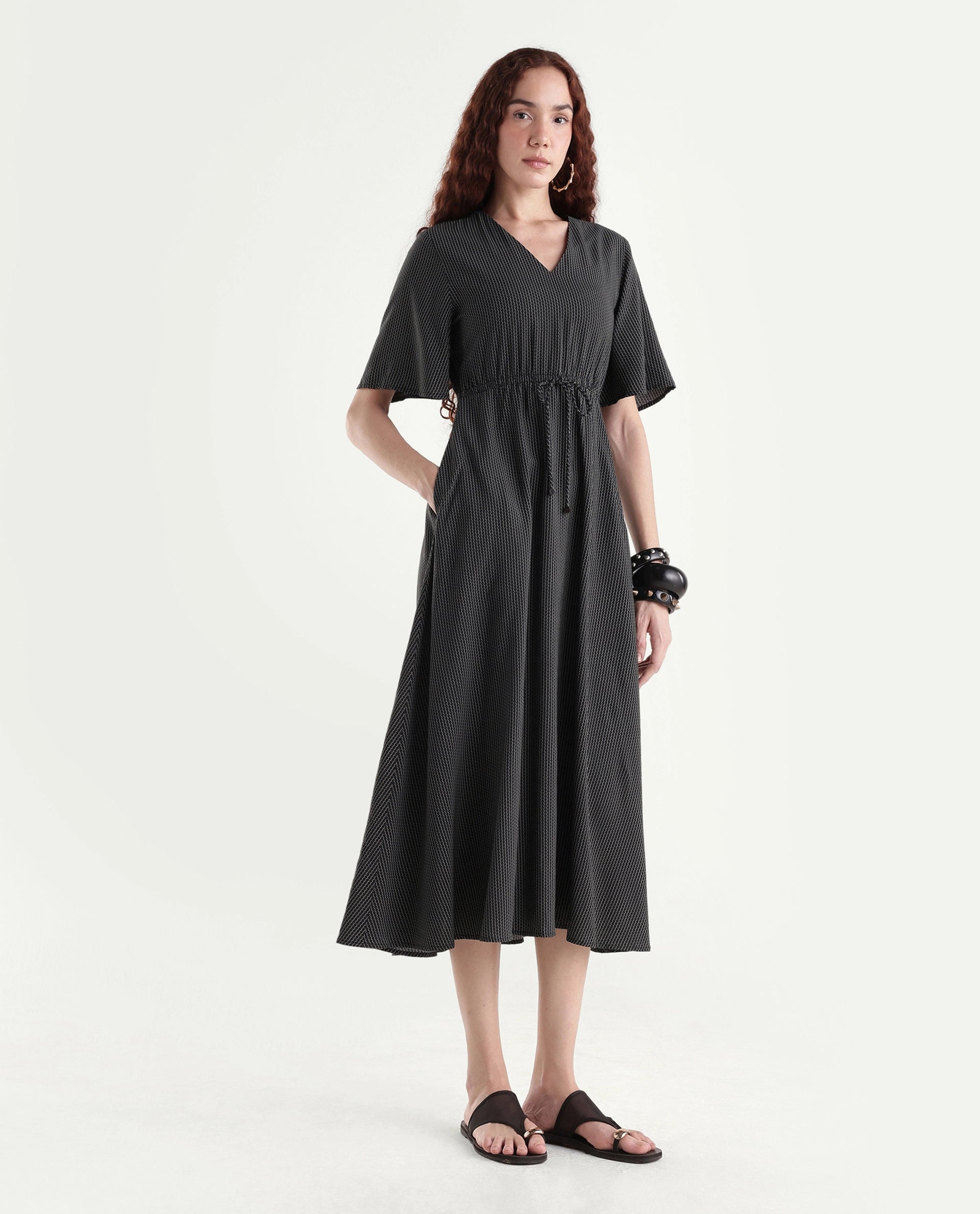 Rareism Women's Eloys Black Viscose V-Neck Flared Printed Midi Dress