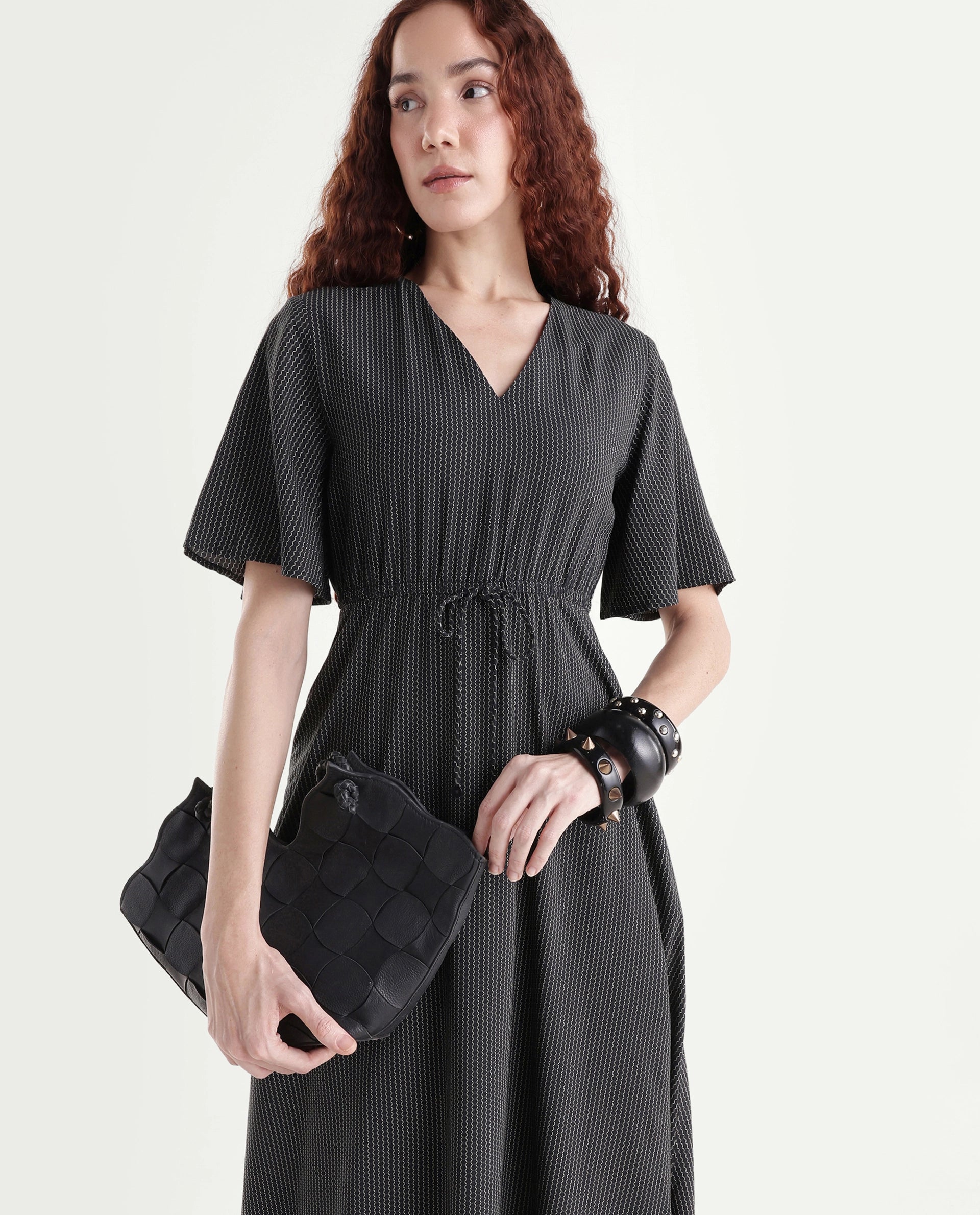Rareism Women's Eloys Black Viscose V-Neck Flared Printed Midi Dress