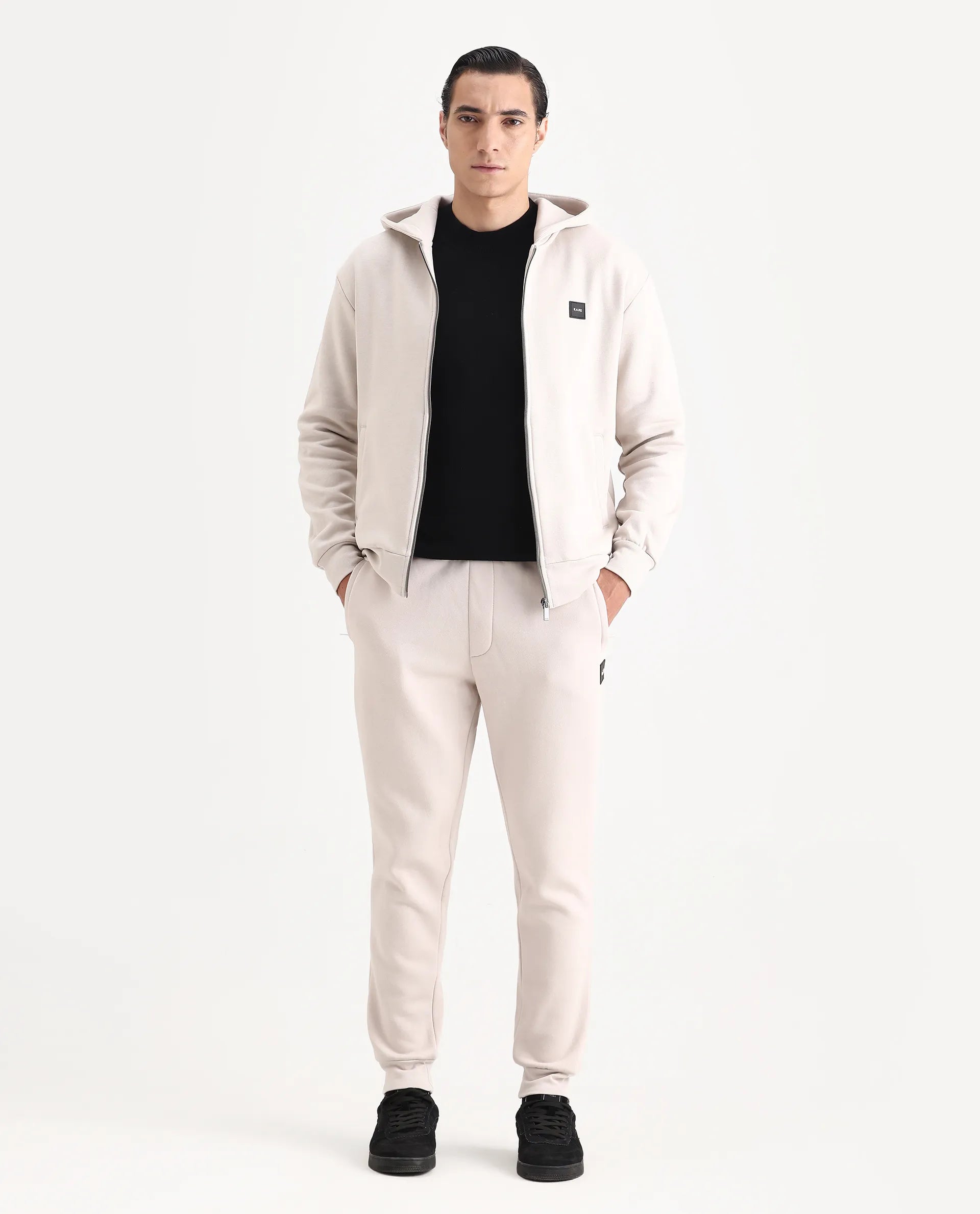 Rare Rabbit Men's Anderson-T25 Beige Cotton Blend Plain Regular Fit Full Sleeve Hooded Sweatshirt