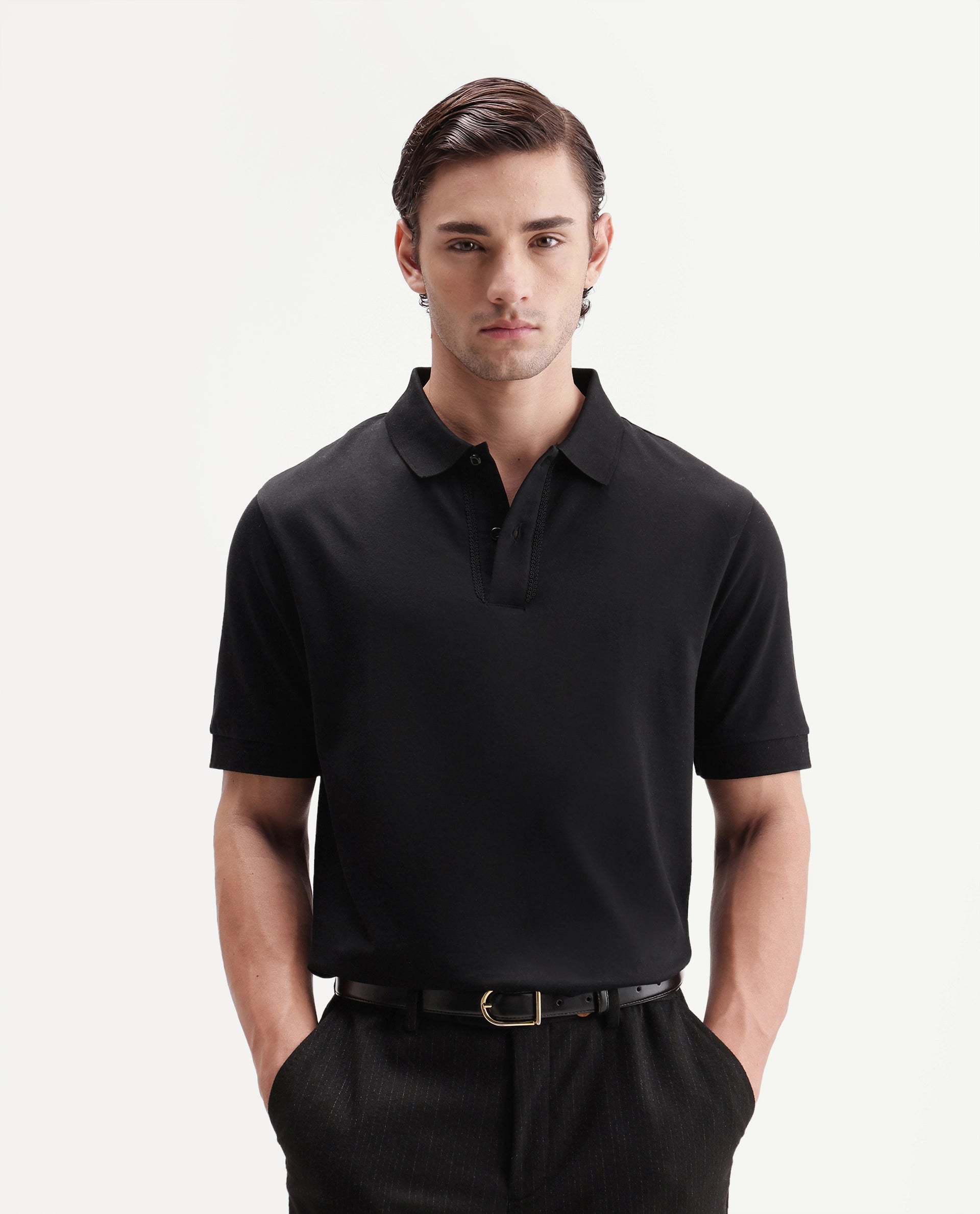 Rare Rabbit Men's Drid Black Cotton Fabric Half Sleeve Spread Collar Plain Polo