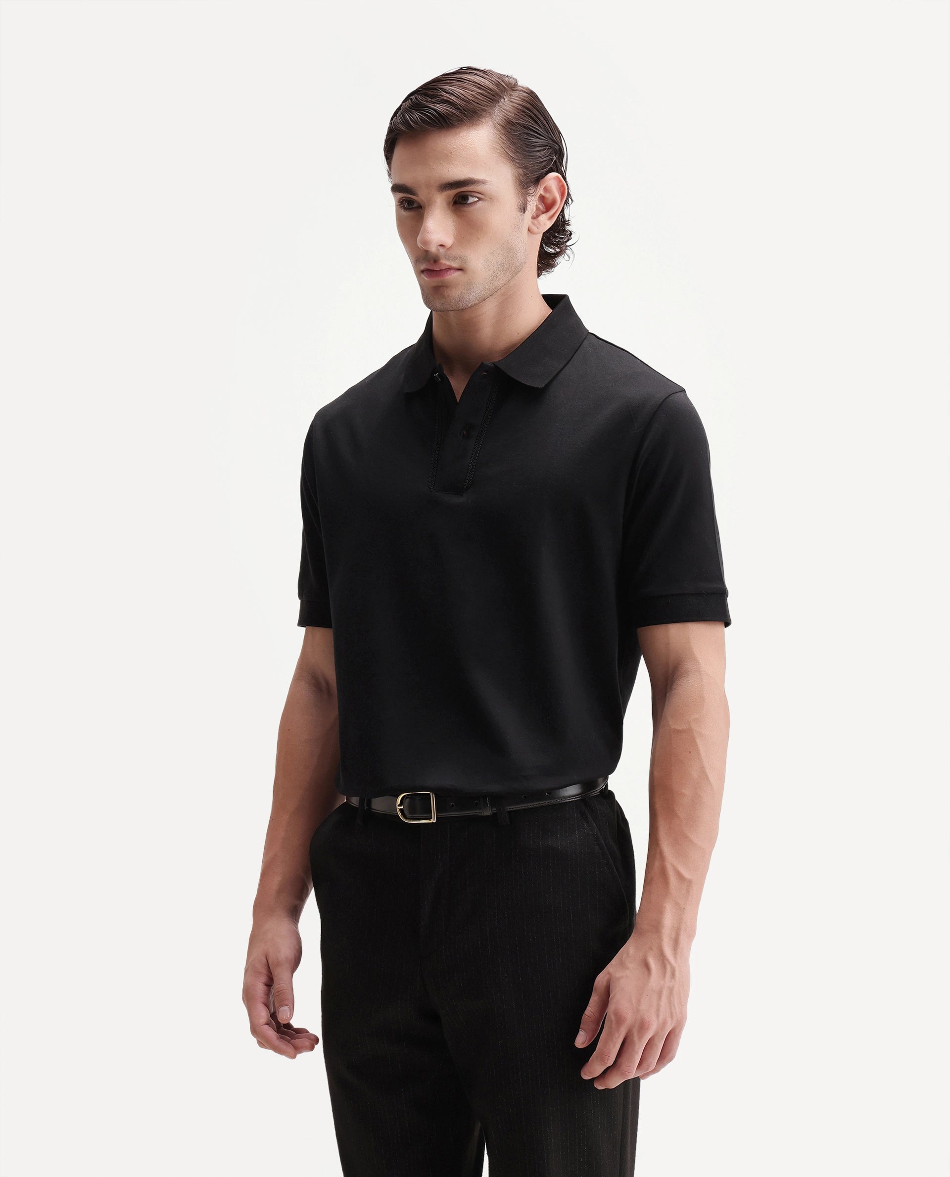 Rare Rabbit Men's Drid Black Cotton Fabric Half Sleeve Spread Collar Plain Polo