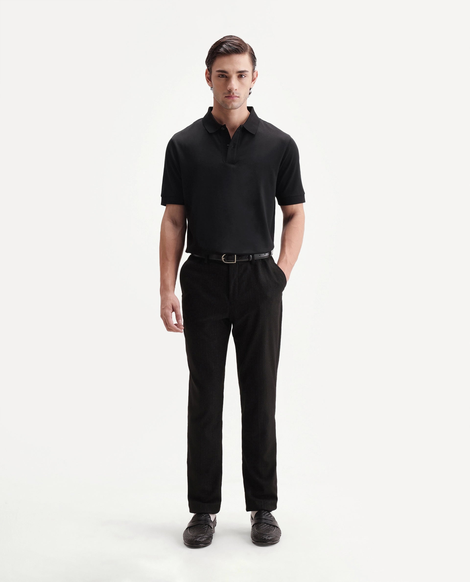 Rare Rabbit Men's Drid Black Cotton Fabric Half Sleeve Spread Collar Plain Polo