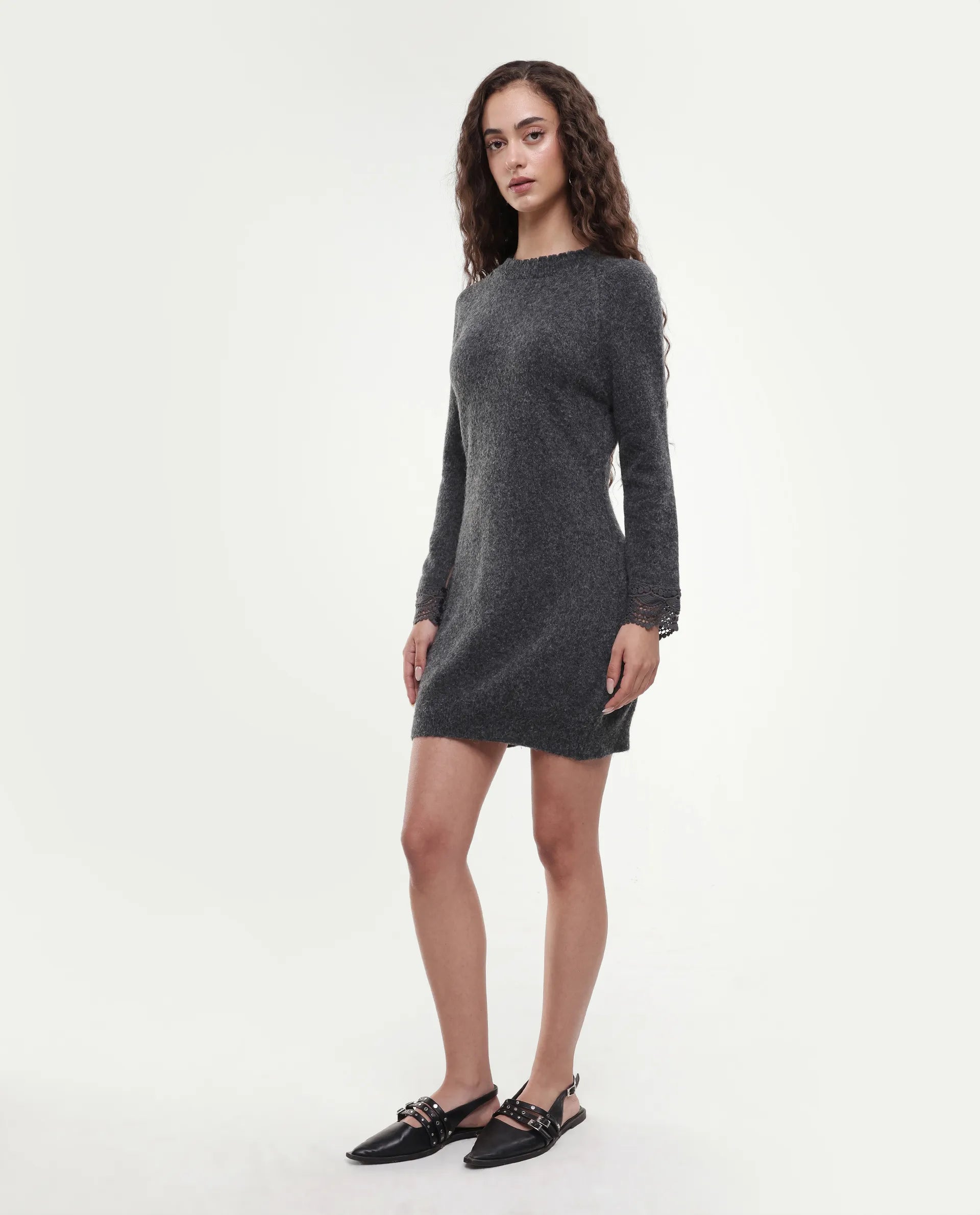 Rareism Women's Zisto Black Acrylic Blend Crew Neck Regular Fit Plain Dress