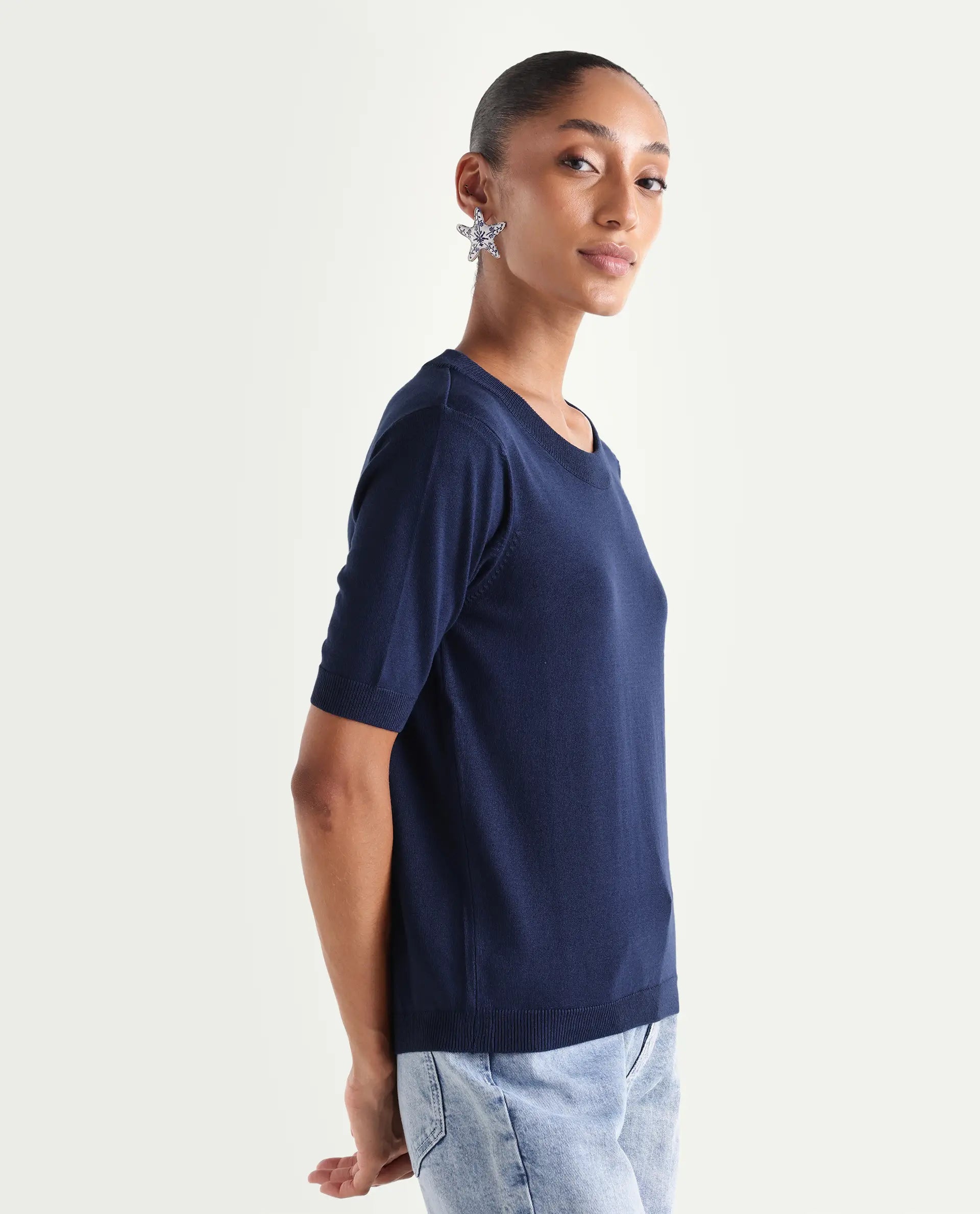 Rareism Women's Rohrdo Dark Navy Viscose Blend Crew Neck Regular Fit Plain Sweater