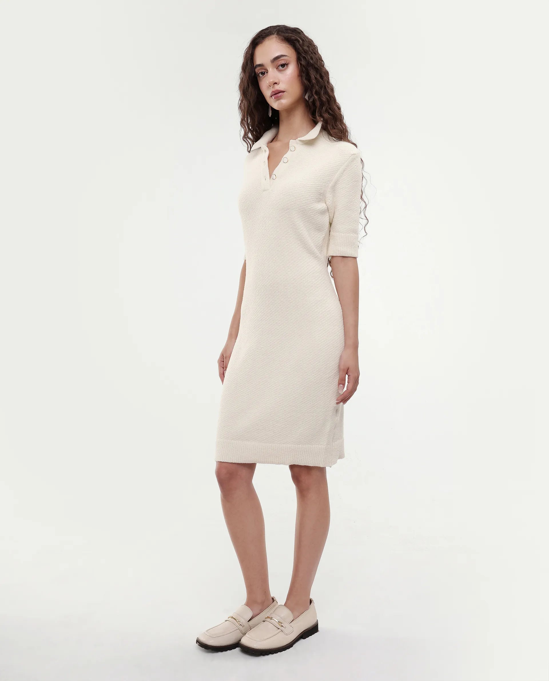 Rareism Women's Afchen Off White Nylon Spread Collar Regular Fit Plain Dress