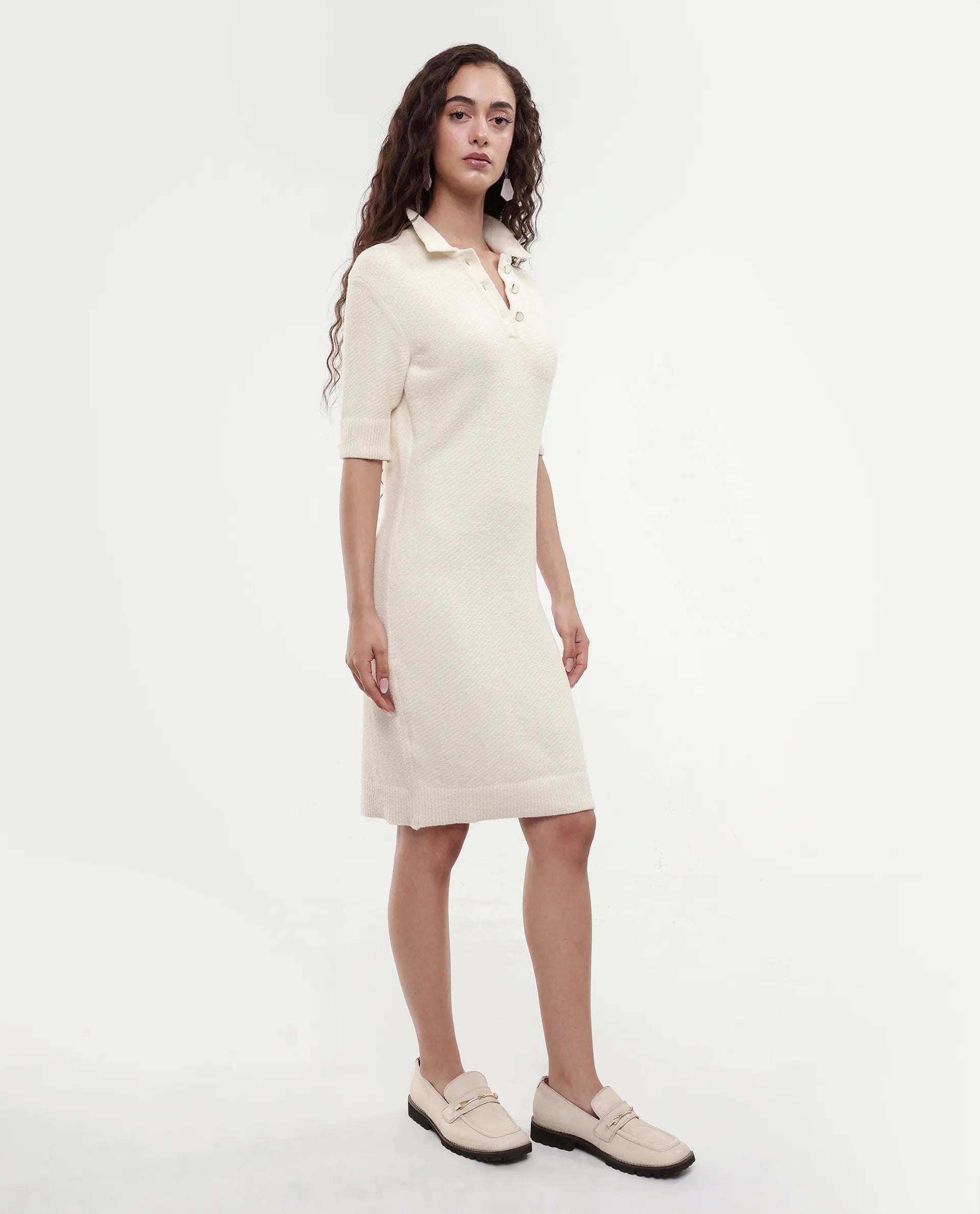 Rareism Women's Afchen Off White Nylon Spread Collar Regular Fit Plain Dress