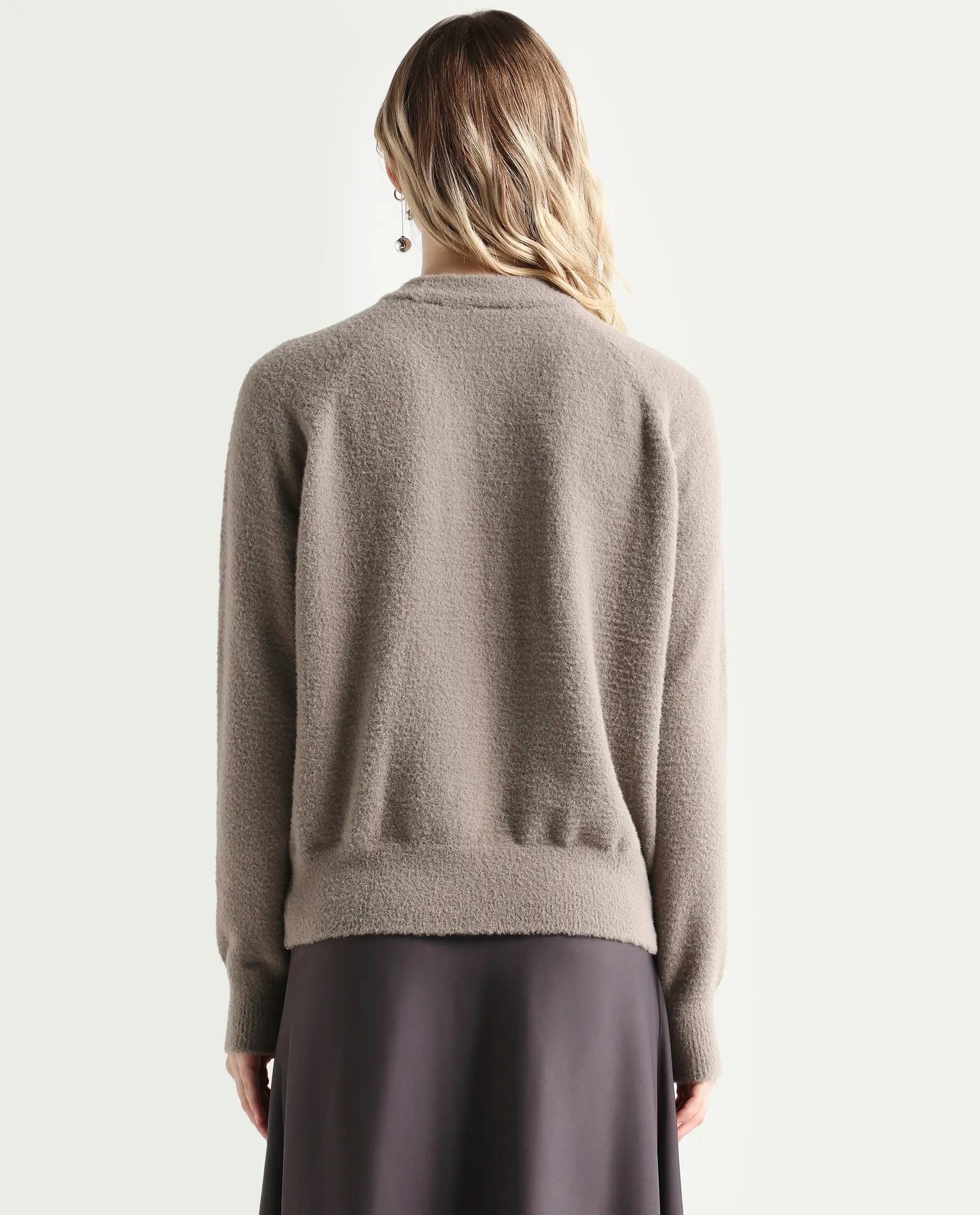 Rareism Women's Jade Dark Beige Nylon Crew Neck Relaxed Fit Sweater