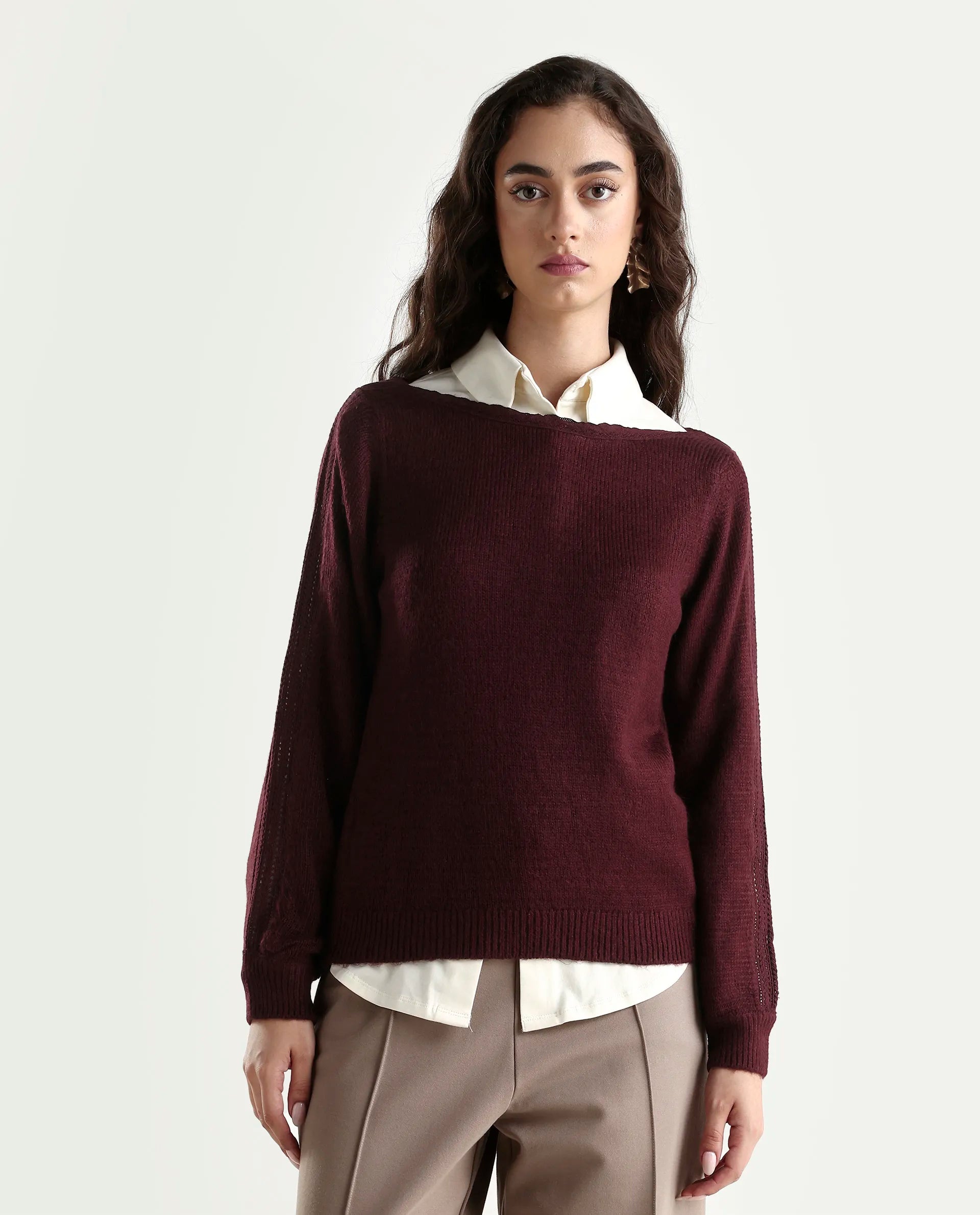 Rareism Women's Zula Dark Maroon Acrylic Blend Boat Neck Relaxed Fit Plain Sweater