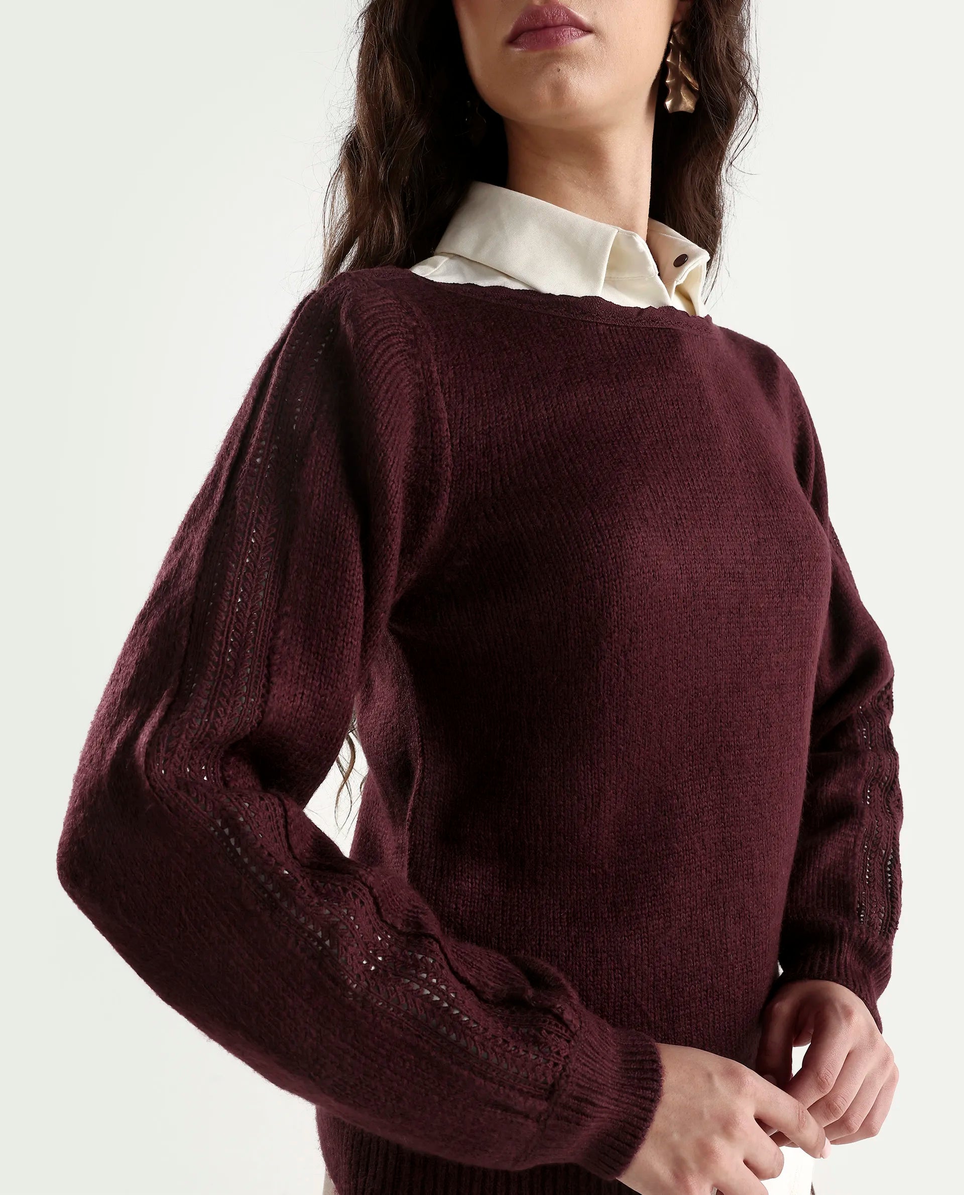 Rareism Women's Zula Dark Maroon Acrylic Blend Boat Neck Relaxed Fit Plain Sweater