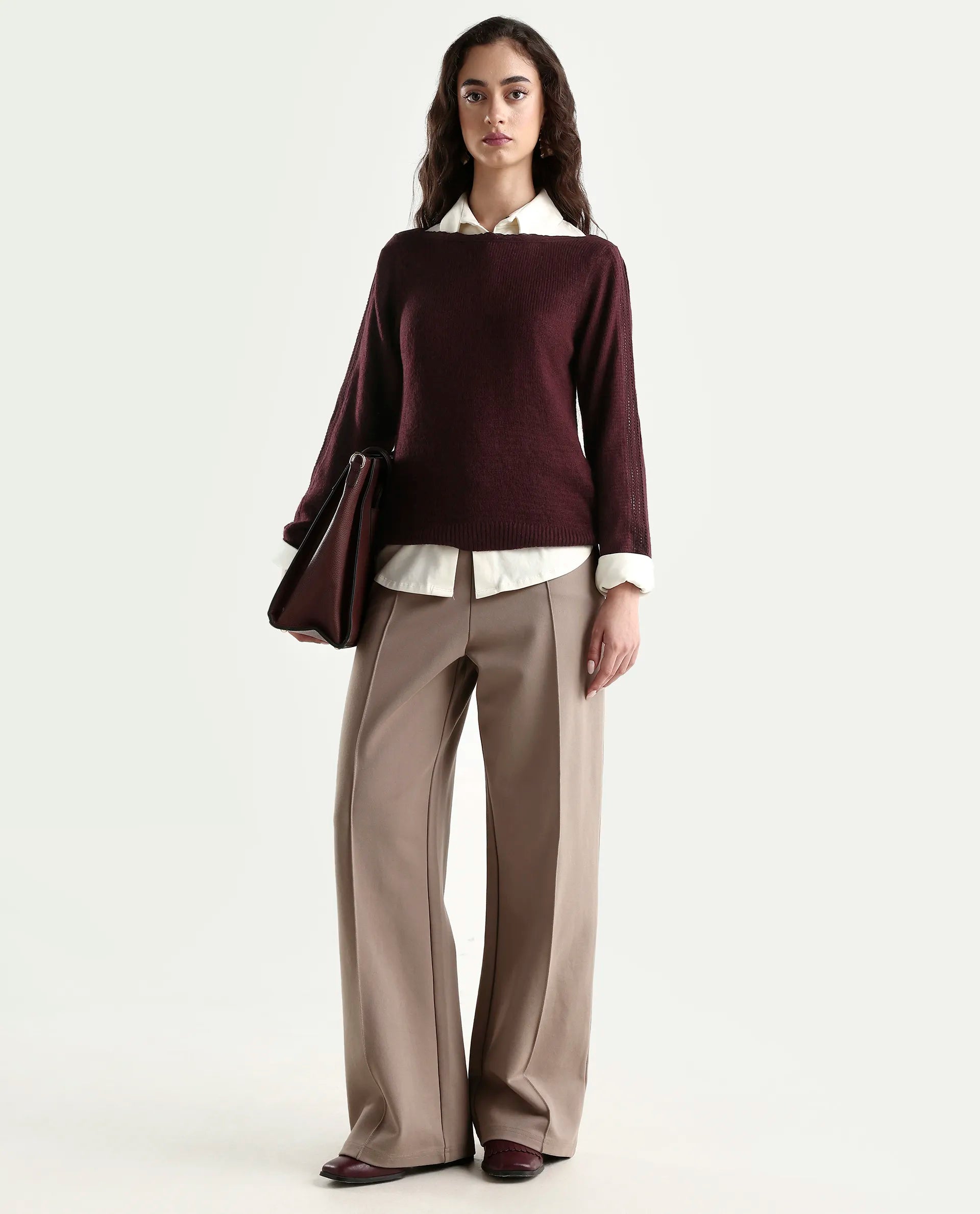 Rareism Women's Zula Dark Maroon Acrylic Blend Boat Neck Relaxed Fit Plain Sweater