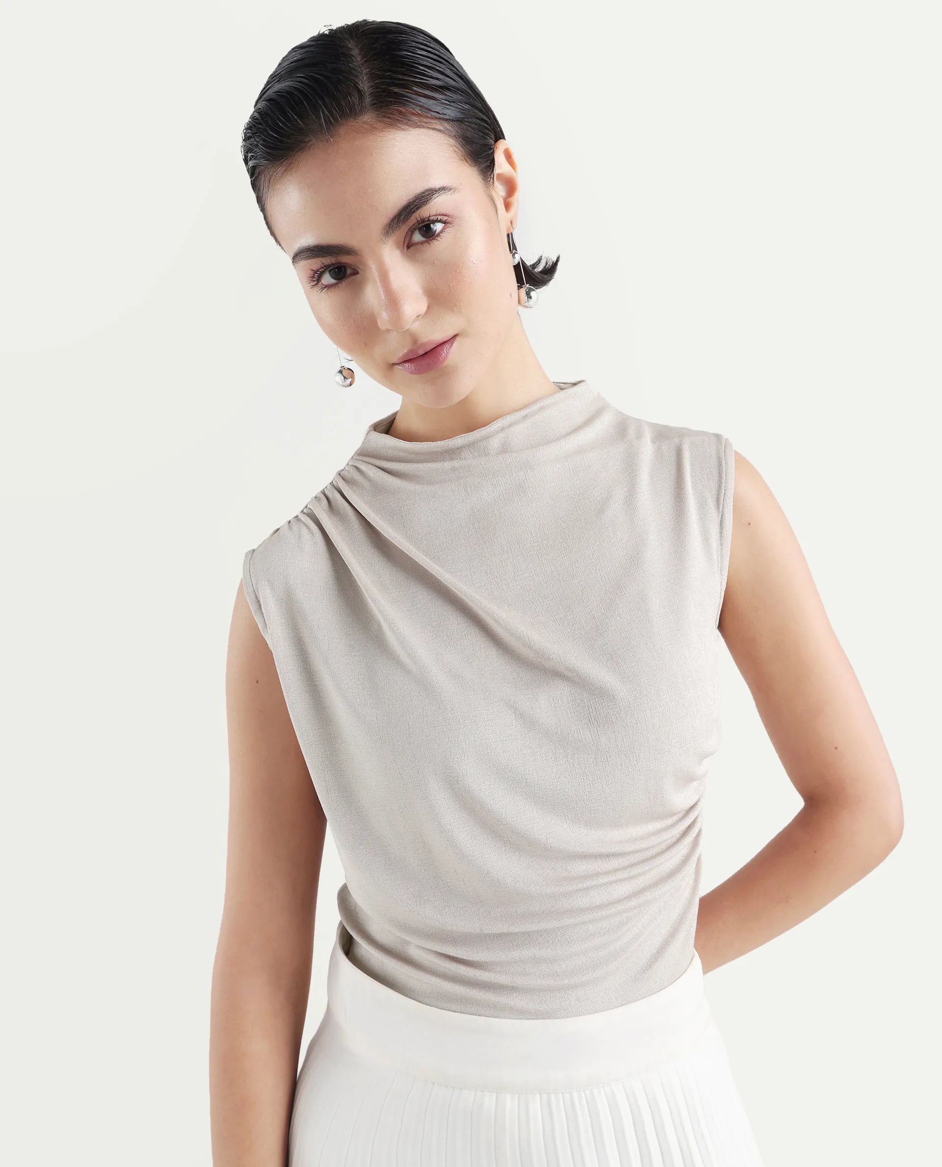 Rareism Women's Zoptus Light Beige Polyester Blend High Neck Regular Fit Plain Top