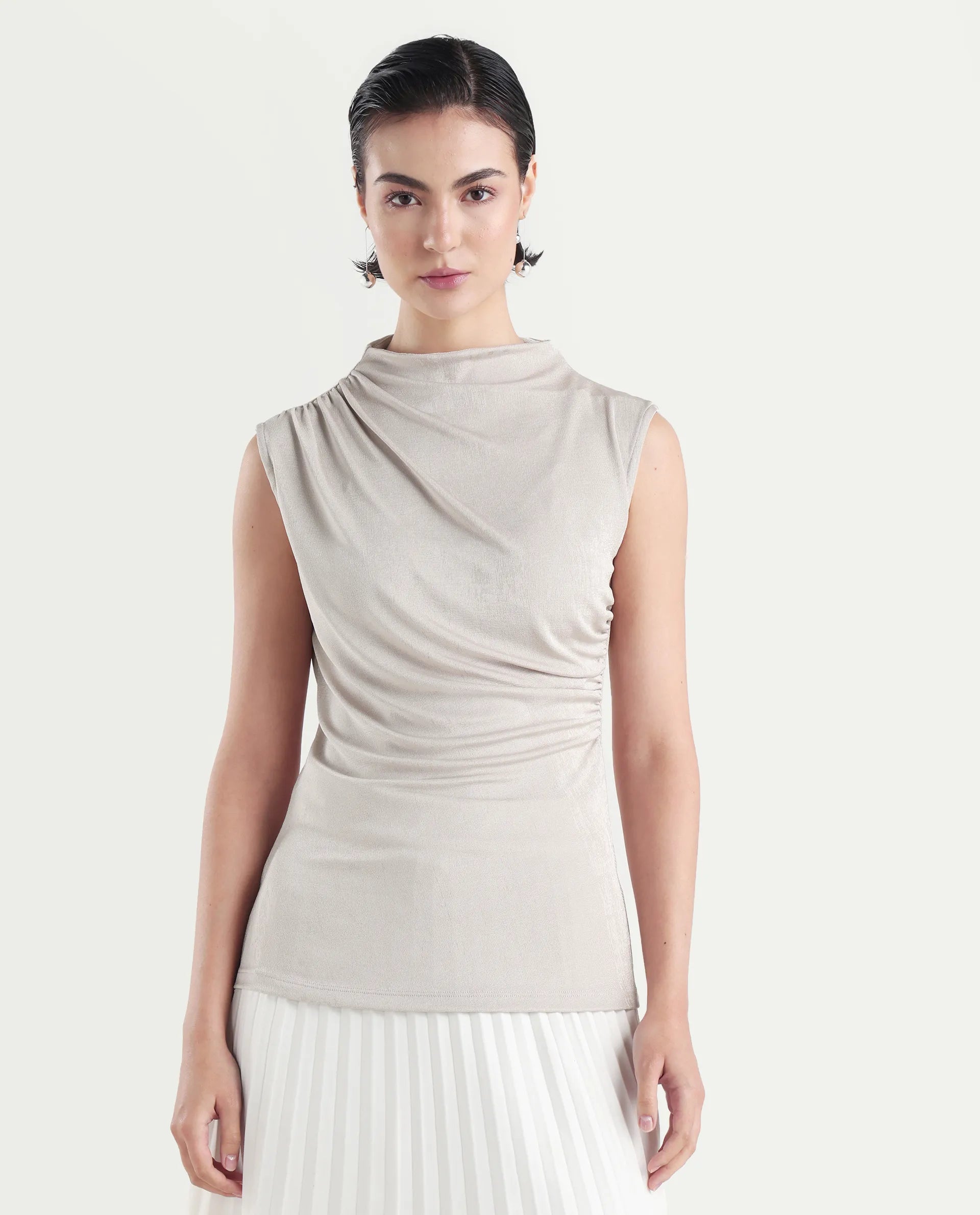 Rareism Women's Zoptus Light Beige Polyester Blend High Neck Regular Fit Plain Top