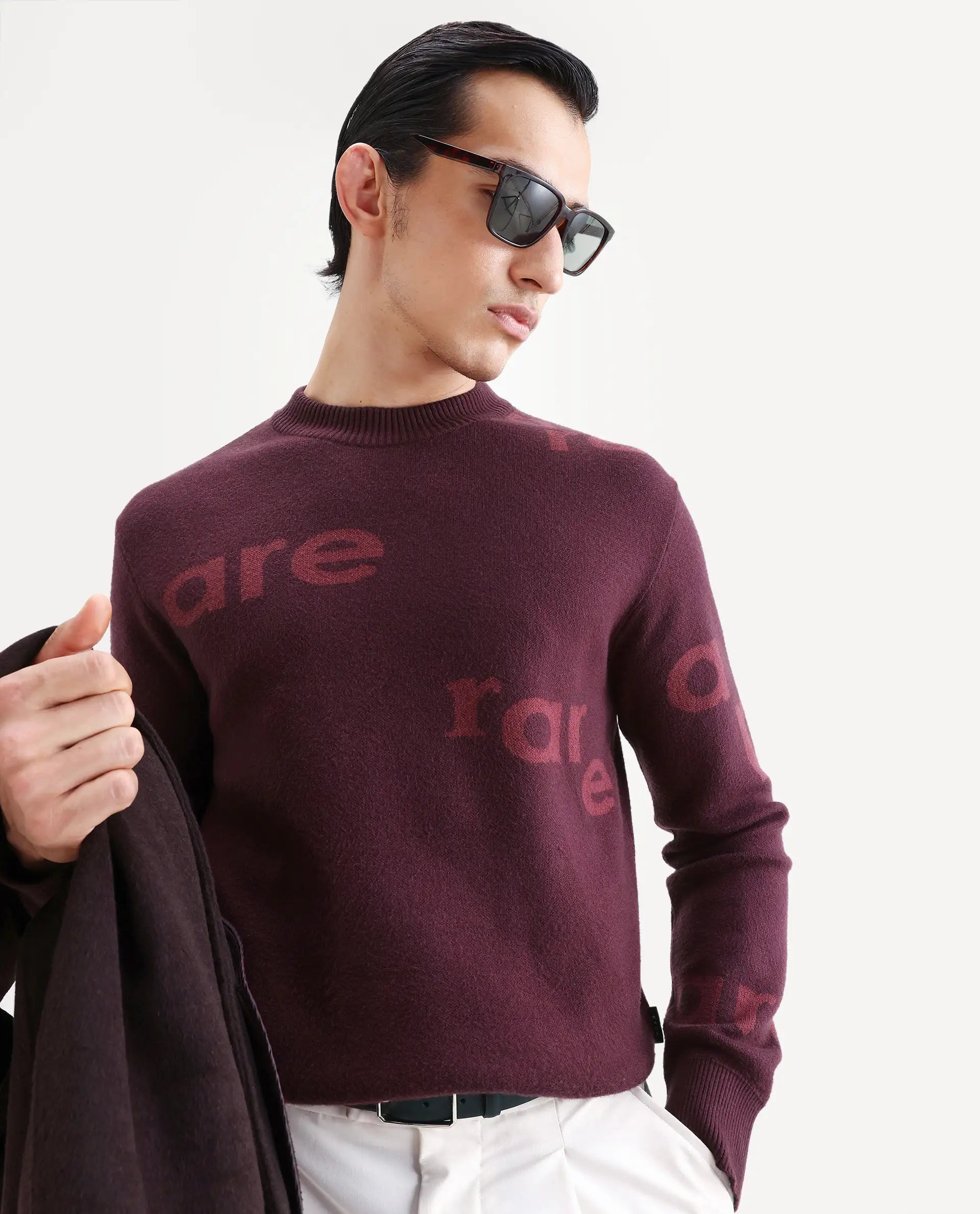 Rare Rabbit Men's Chet Dark Maroon Viscose Monogram Print Regular Fit Full Sleeve Crew Neck Sweater