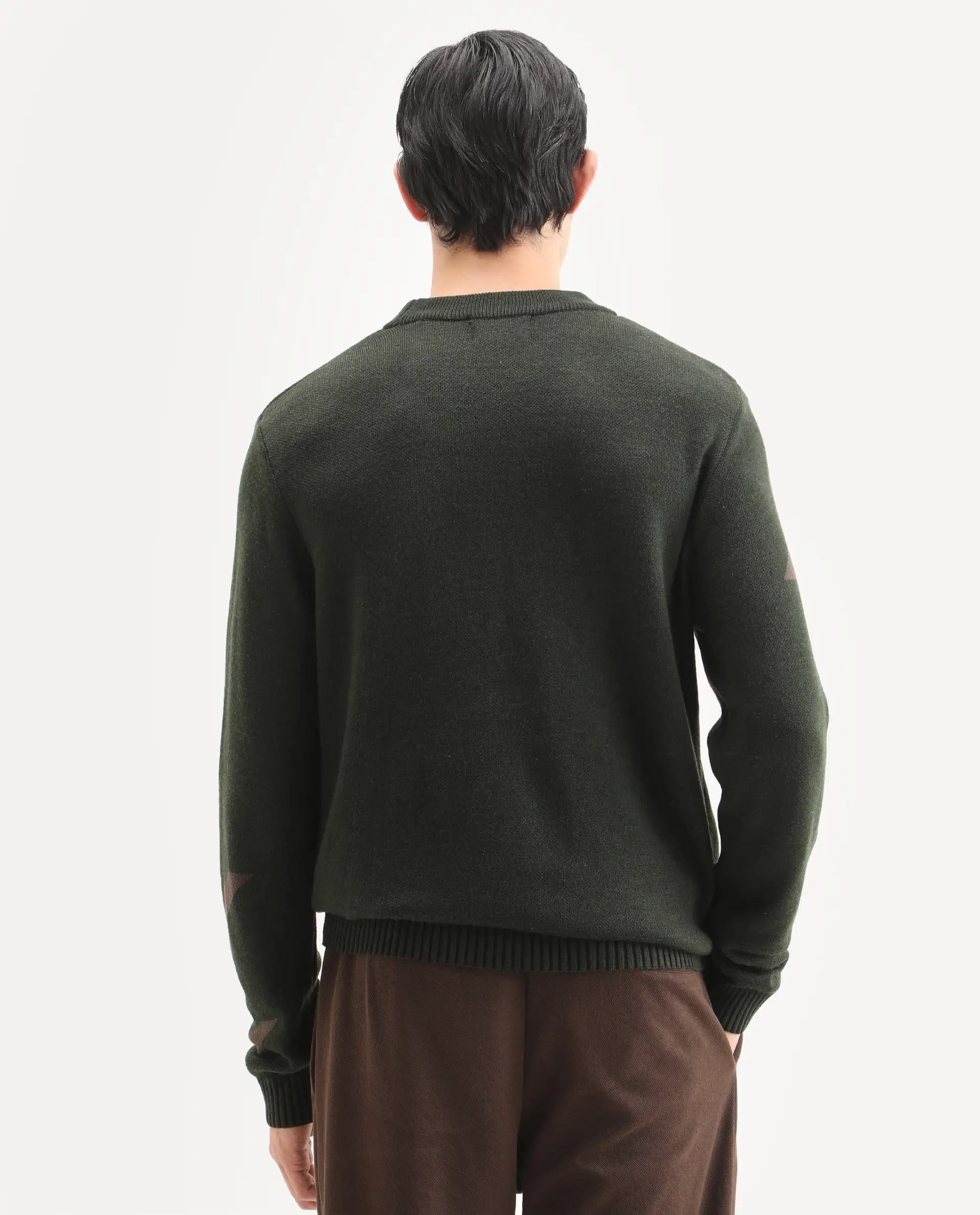 Rare Rabbit Men's Hond Dark Olive Acrylic Abstract Print Regular Fit Full Sleeve Crew Neck Sweater