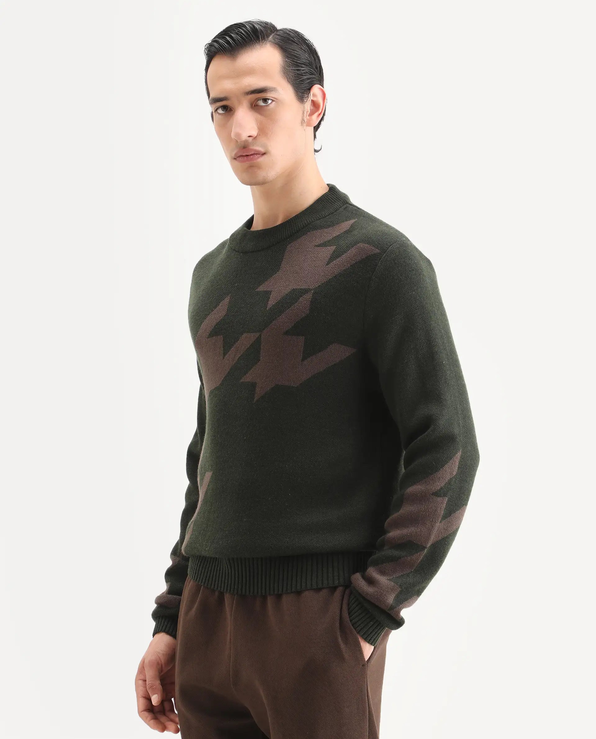 Rare Rabbit Men's Hond Dark Olive Acrylic Abstract Print Regular Fit Full Sleeve Crew Neck Sweater