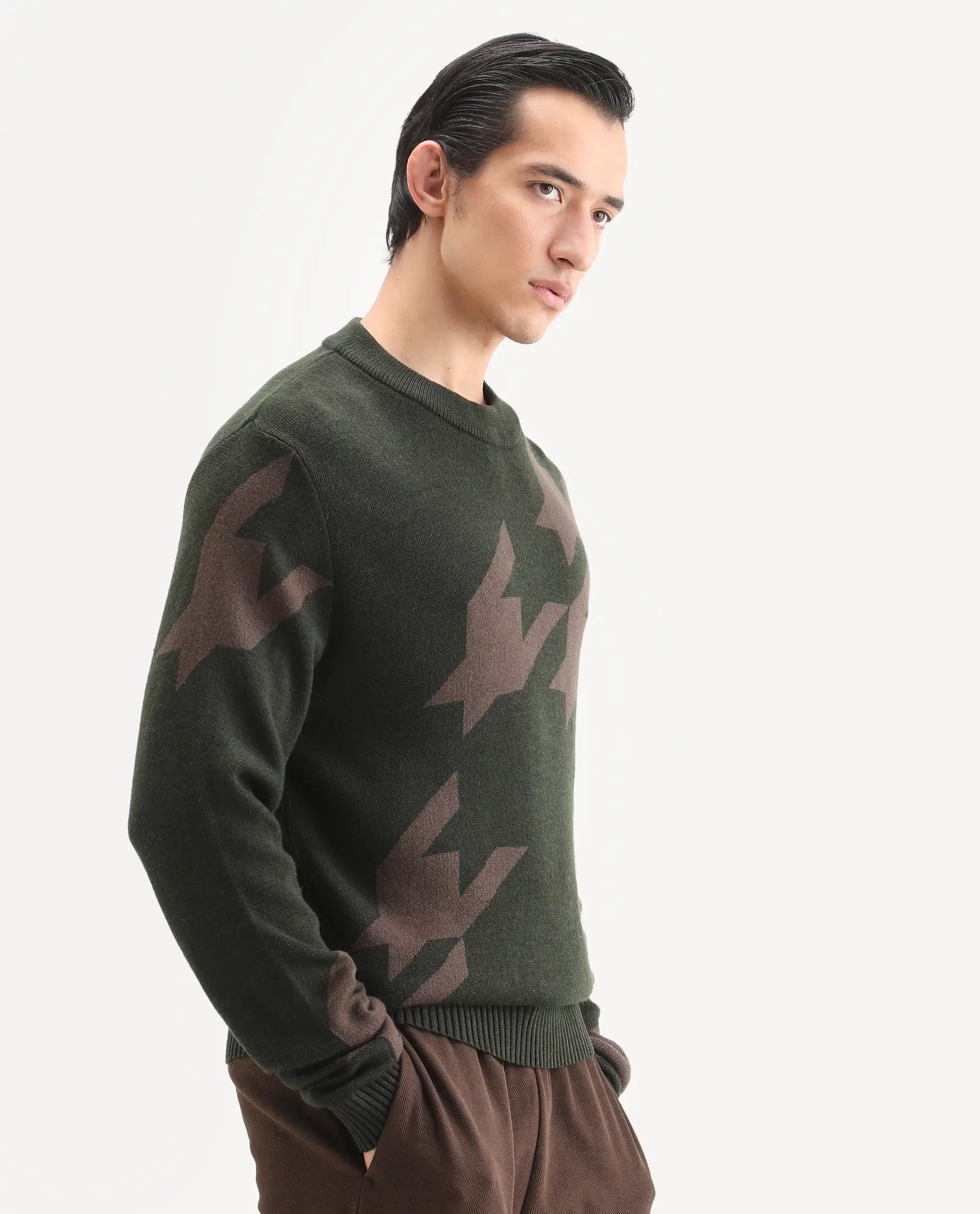 Rare Rabbit Men's Hond Dark Olive Acrylic Abstract Print Regular Fit Full Sleeve Crew Neck Sweater