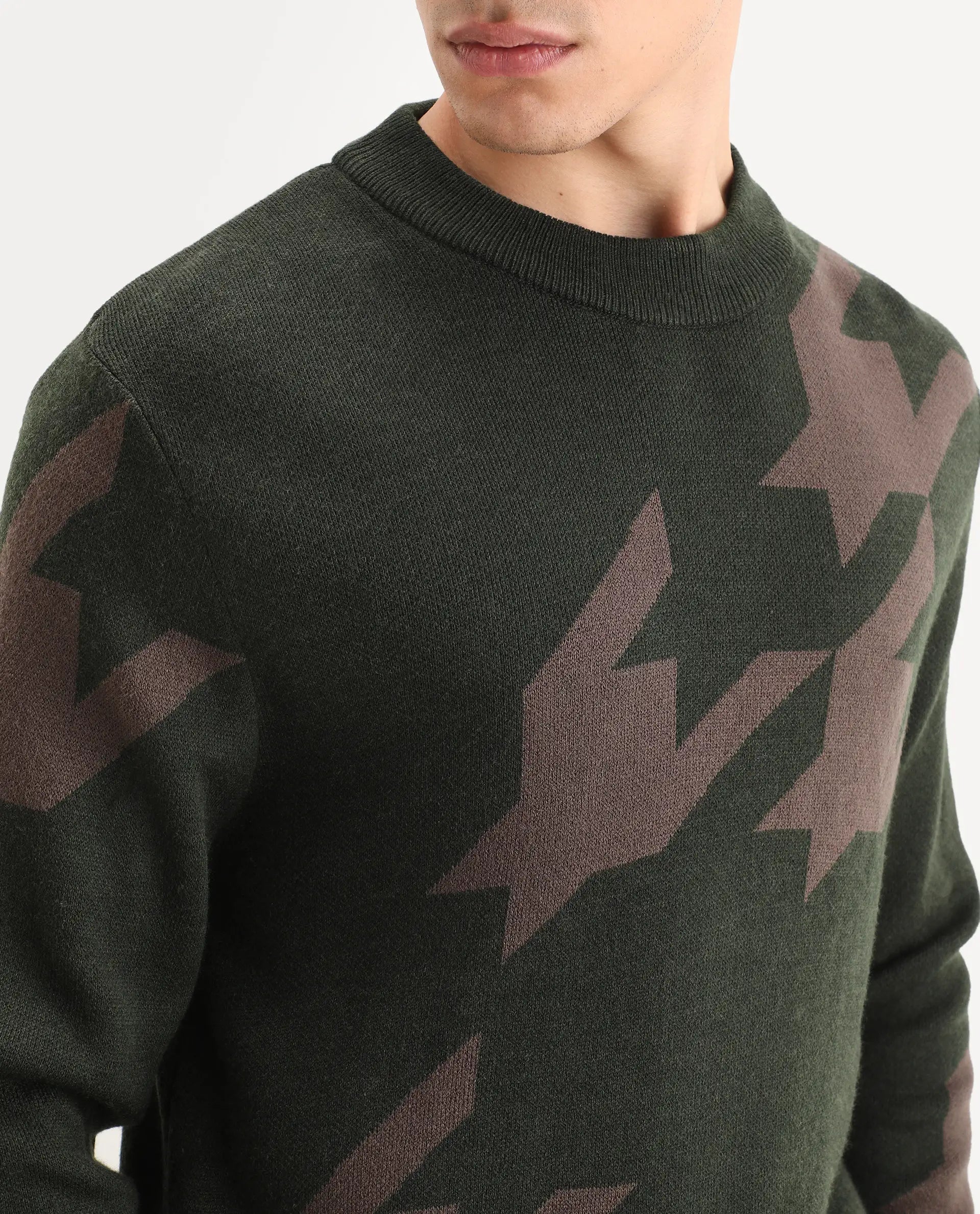 Rare Rabbit Men's Hond Dark Olive Acrylic Abstract Print Regular Fit Full Sleeve Crew Neck Sweater