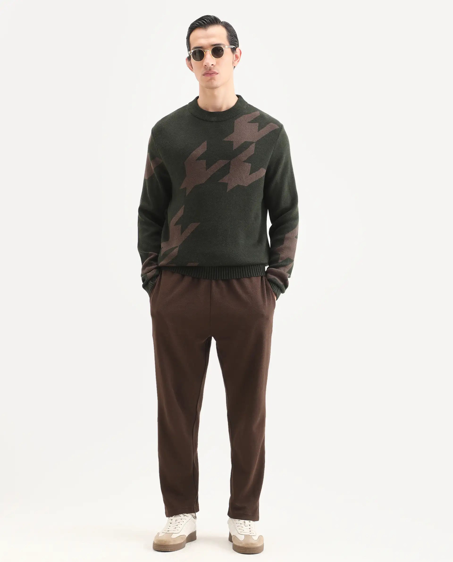 Rare Rabbit Men's Hond Dark Olive Acrylic Abstract Print Regular Fit Full Sleeve Crew Neck Sweater