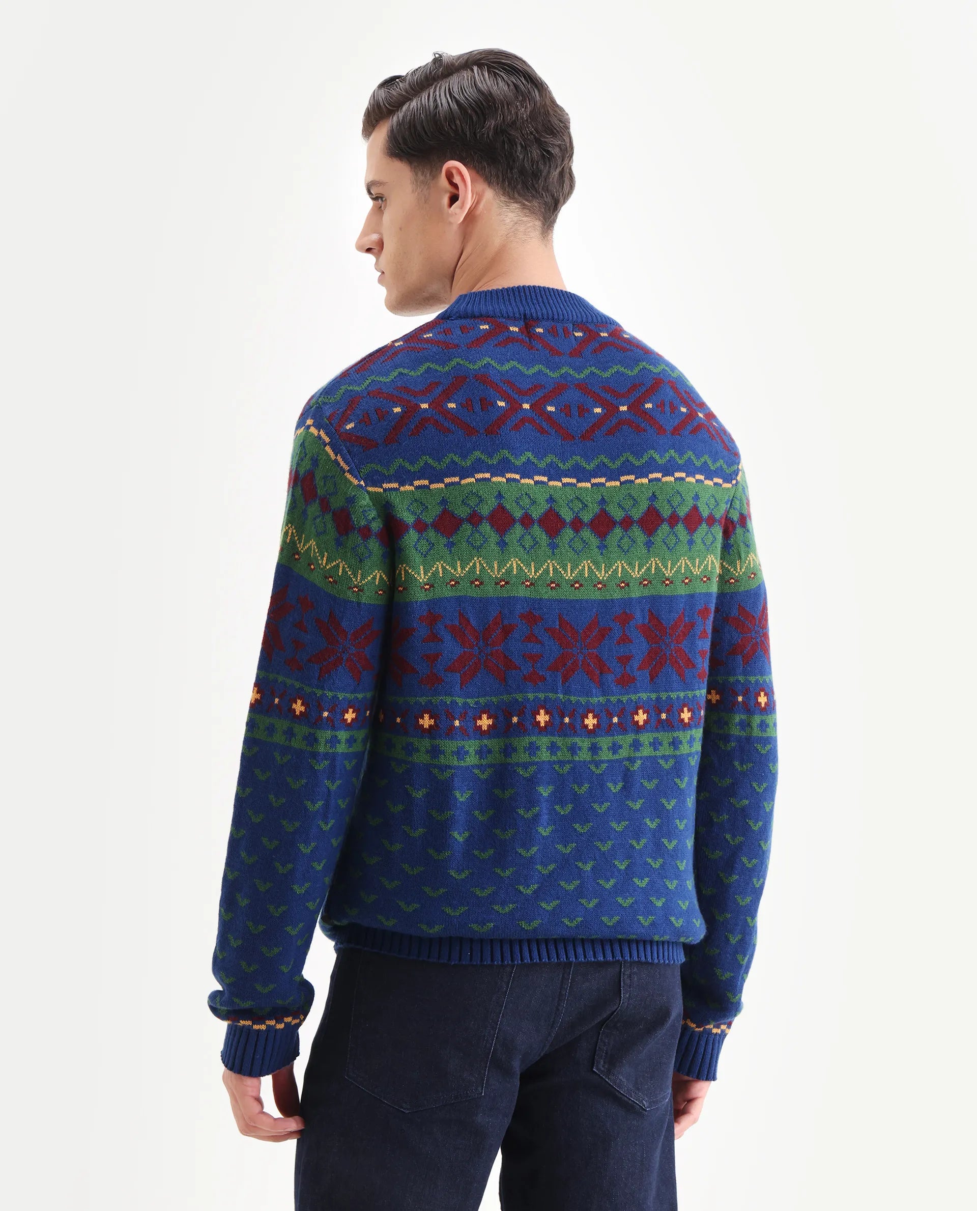 Rare Rabbit Men's Cri Blue Acrylic Fabric Full Sleeve Crew Neck Ombre Sweater