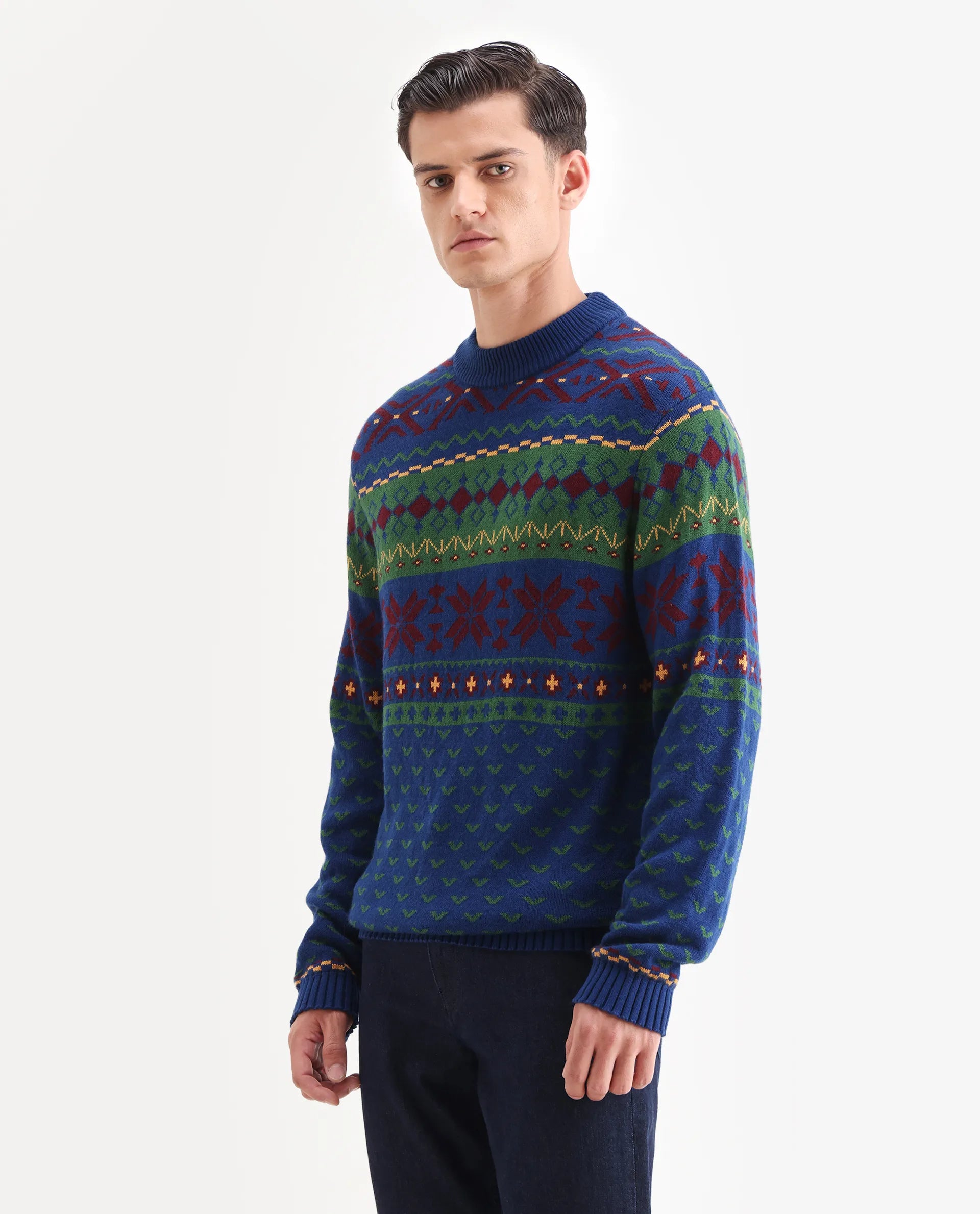 Rare Rabbit Men's Cri Blue Acrylic Fabric Full Sleeve Crew Neck Ombre Sweater