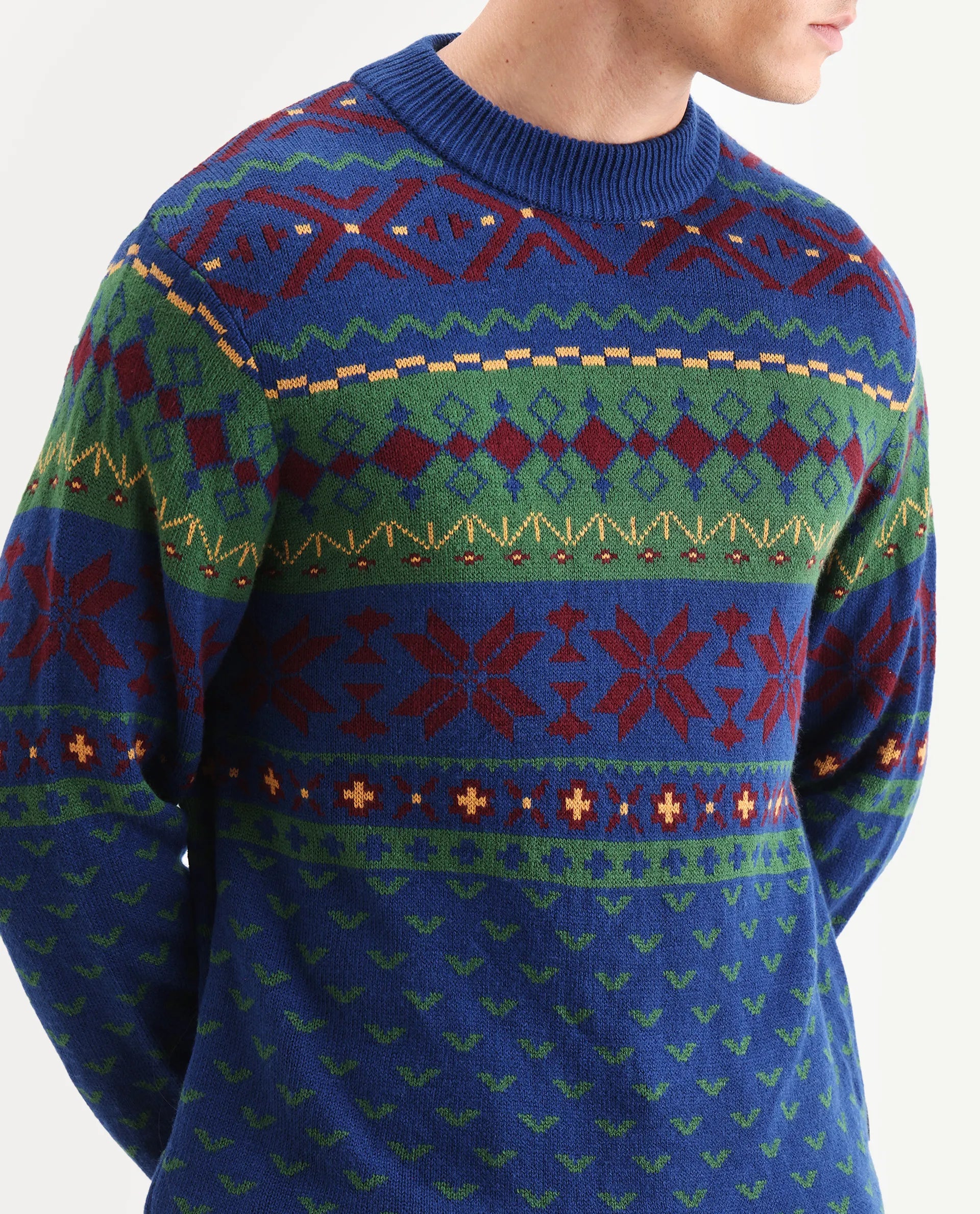 Rare Rabbit Men's Cri Blue Acrylic Fabric Full Sleeve Crew Neck Ombre Sweater