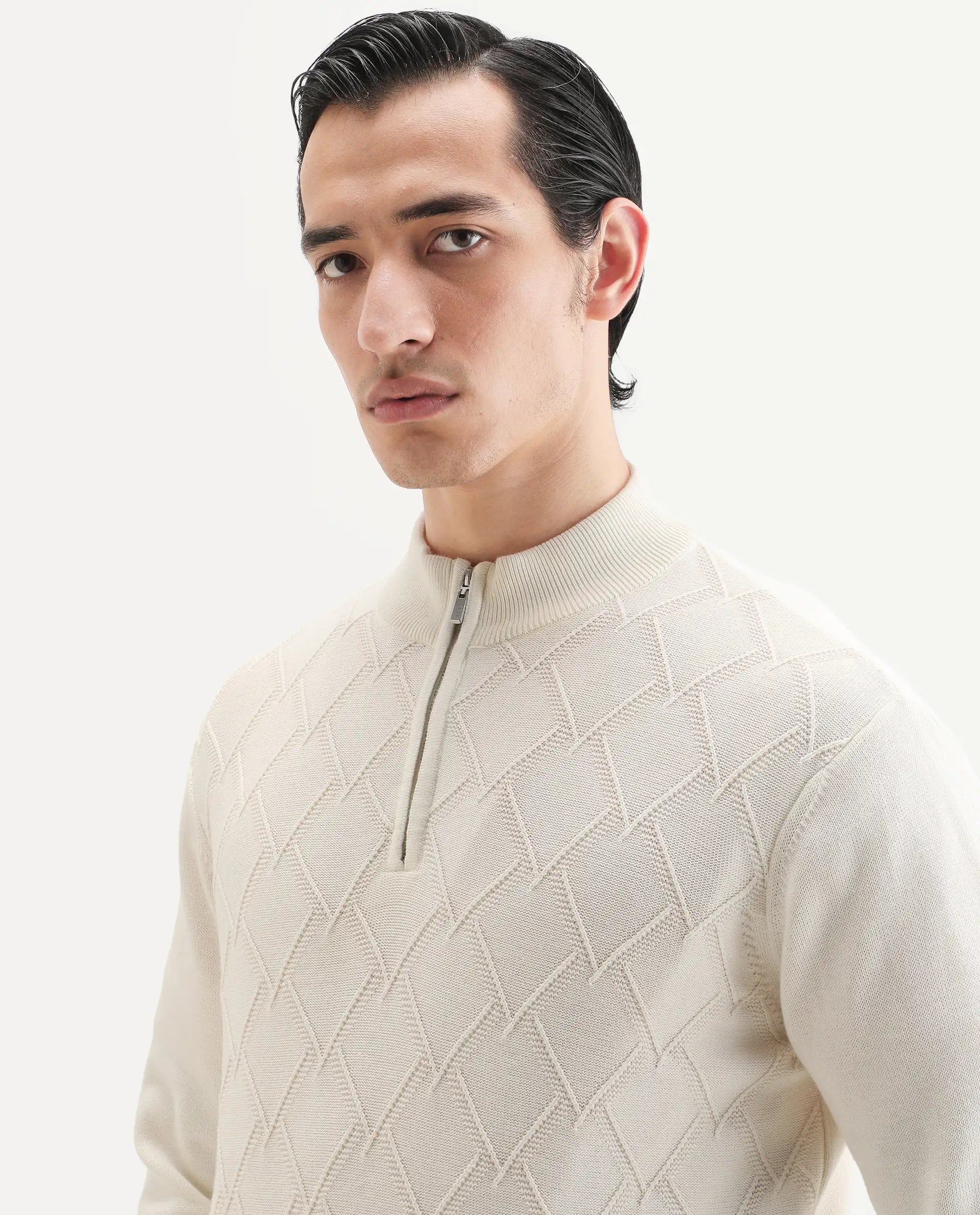 Rare Rabbit Men's Toyder Off White Cotton Textured Regular Fit Full Sleeve High Neck Sweater