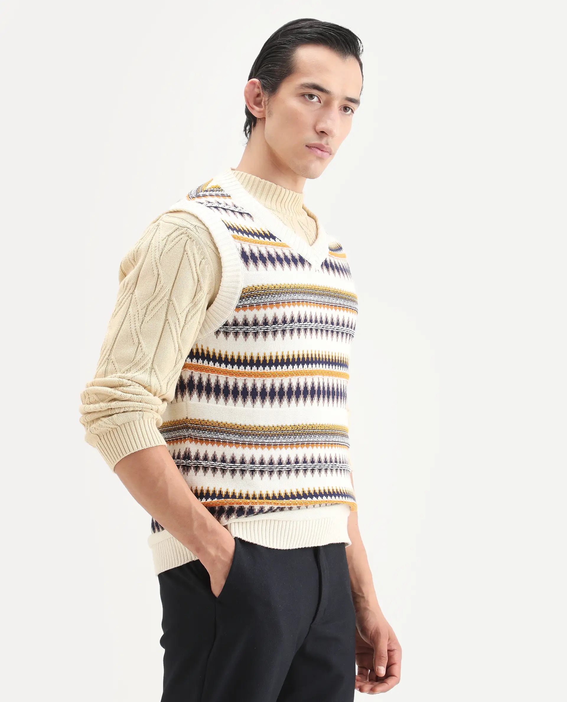 Rare Rabbit Men's Loto Off White Cotton Fabric Full Sleeve Crew Neck Ombre Sweater