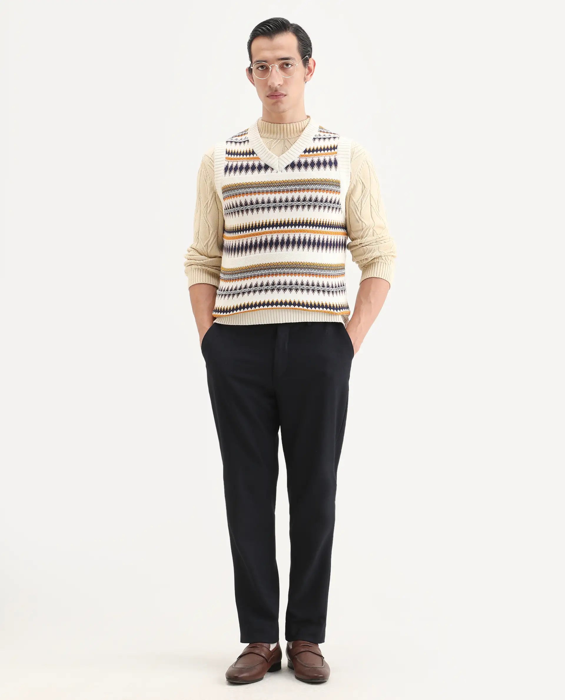 Rare Rabbit Men's Loto Off White Cotton Fabric Full Sleeve Crew Neck Ombre Sweater