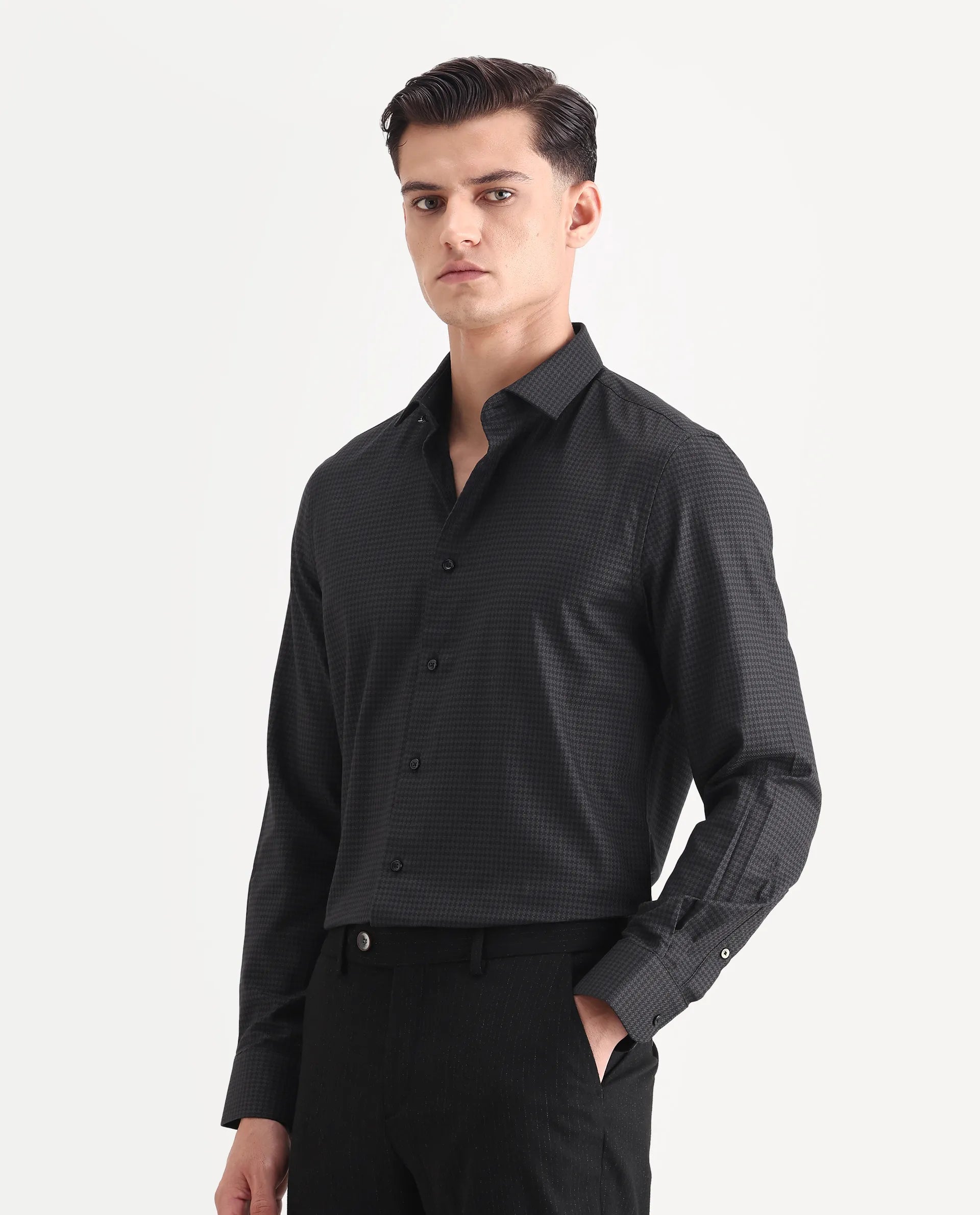 Rare Rabbit Men's Rapid-25 Black Cotton Fabric Collared Neck Regular Fit Checks Shirt