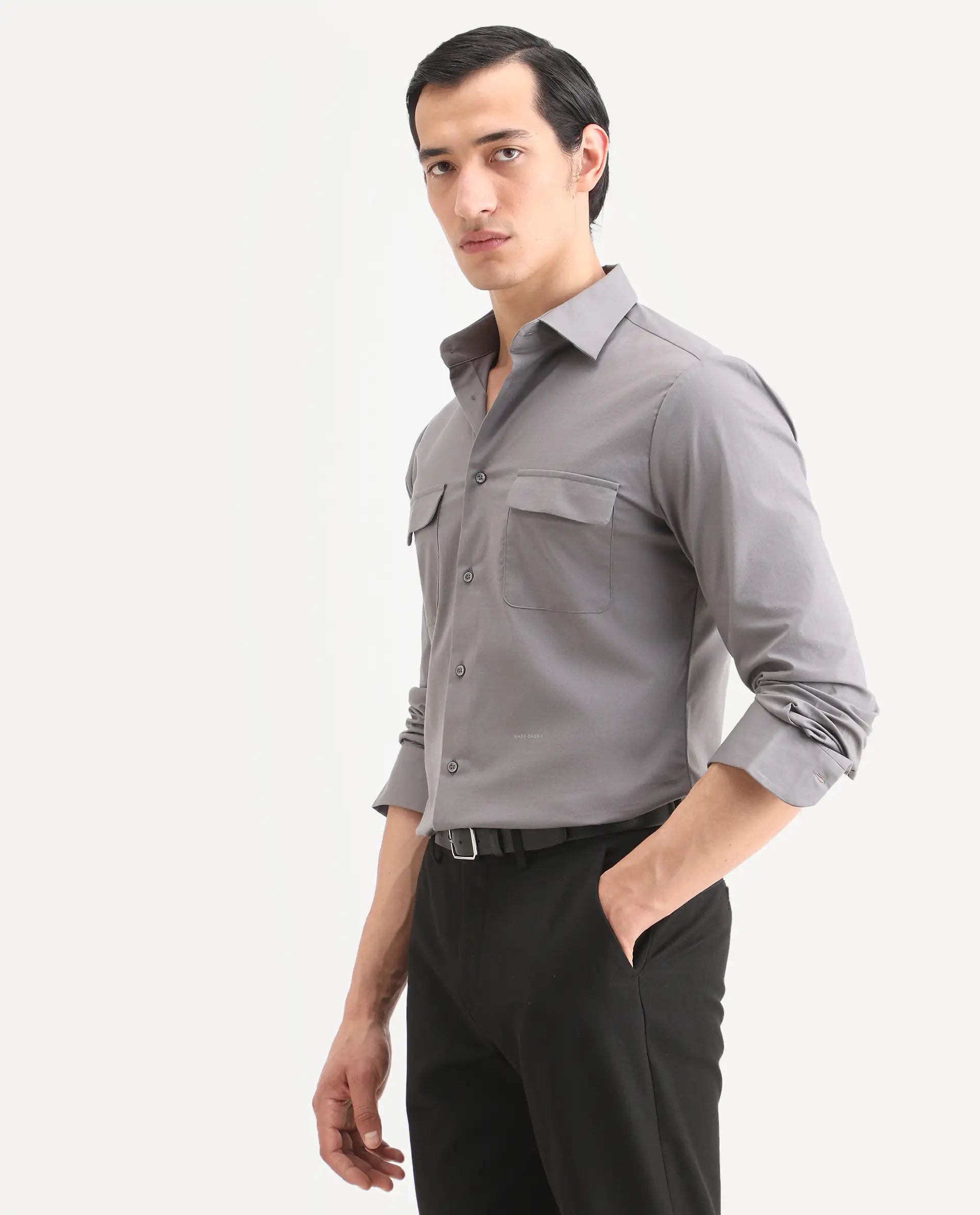 Rare Rabbit Men's Murp Dark Grey Polyester Blend Plain Regular Fit Full Sleeve Collared Shirt