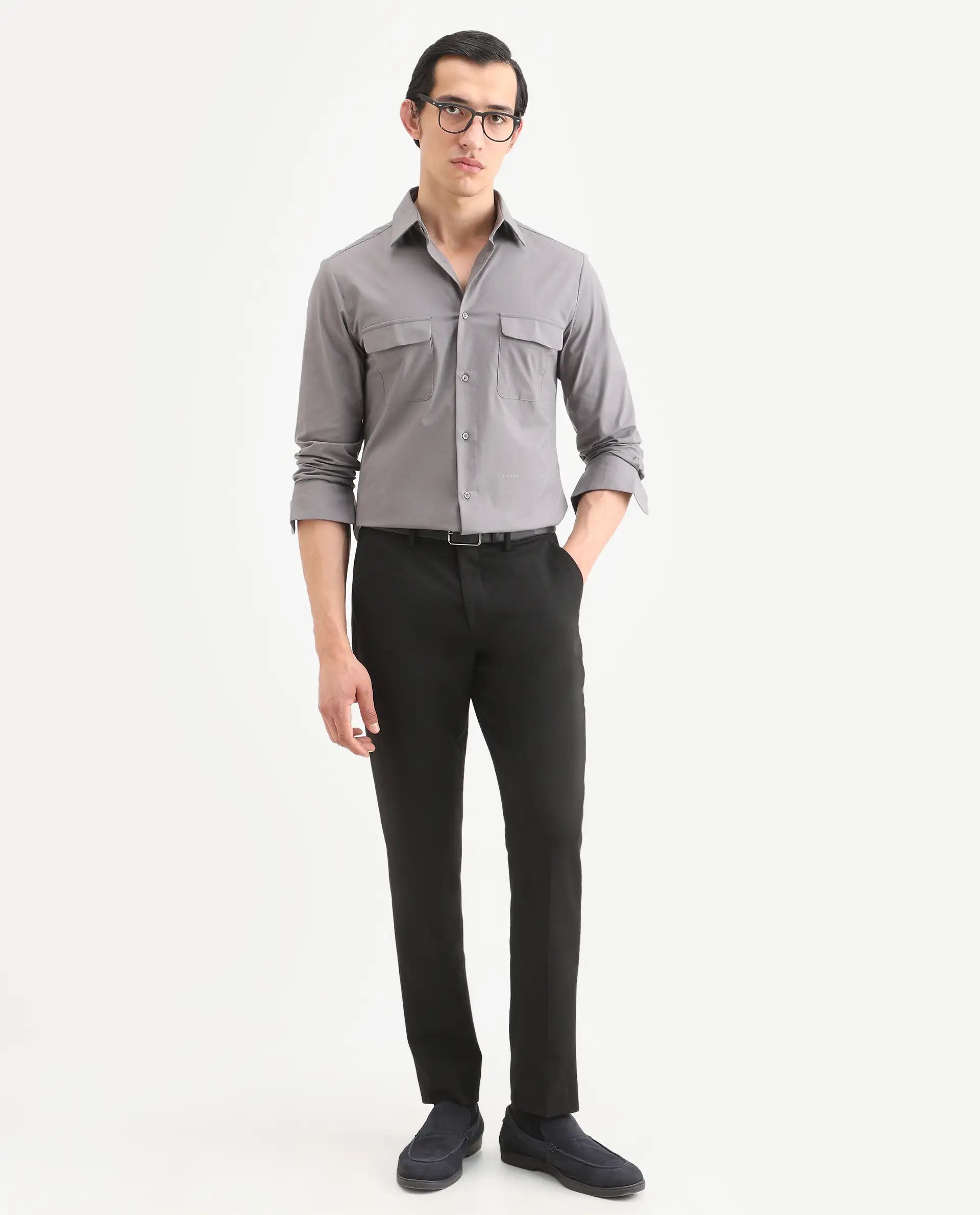 Rare Rabbit Men's Murp Dark Grey Polyester Blend Plain Regular Fit Full Sleeve Collared Shirt