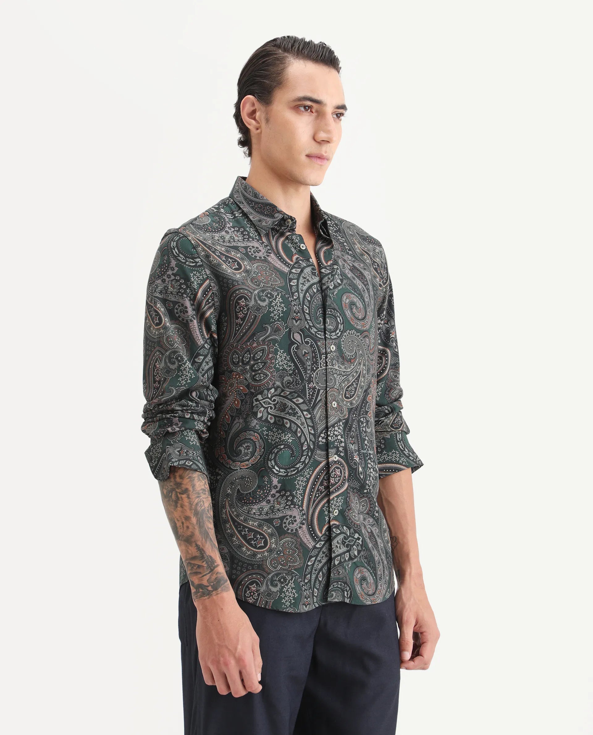 Rare Rabbit Men's Grent Green Viscose Fabric Collared Neck Regular Fit Paisley Print Shirt