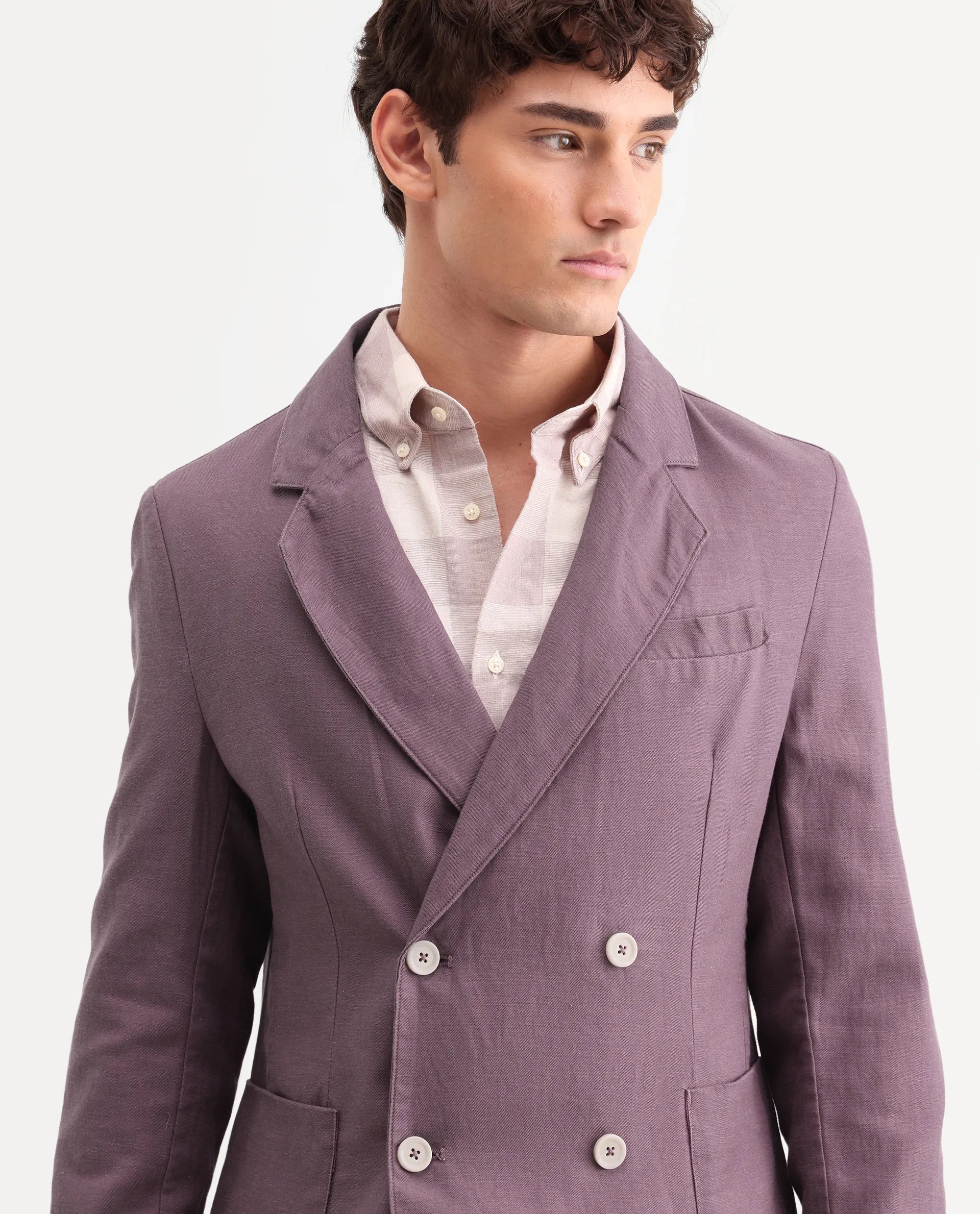 Rare Rabbit Men's Deb Purple Linen Blend Fabric Lapel Neck Tailored Fit Plain Blazer