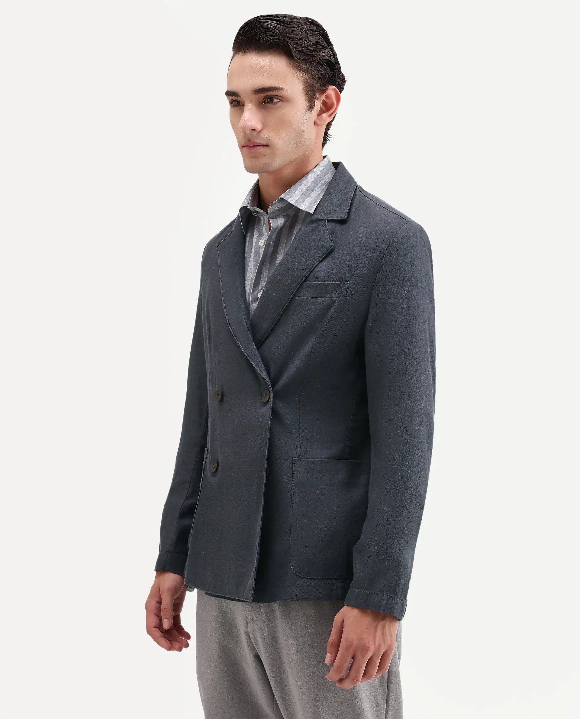 Rare Rabbit Men's Deb Dark Grey Linen Blend Fabric Lapel Neck Tailored Fit Plain Blazer