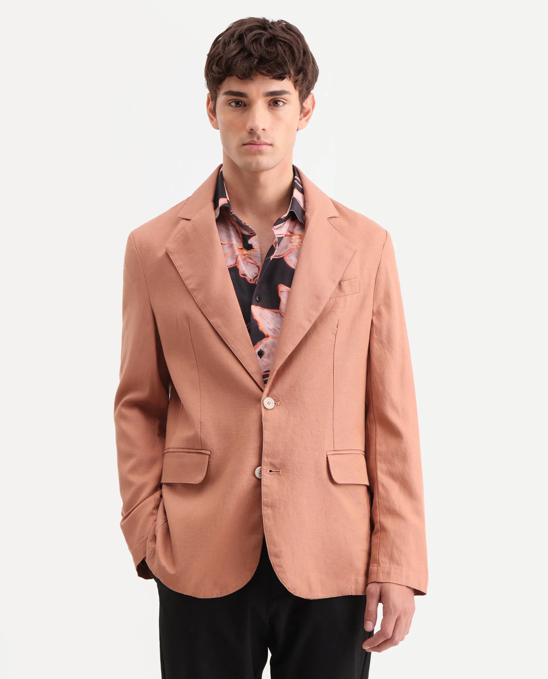 Rare Rabbit Men's Linol Peach Linen Blend Fabric Lapel Neck Tailored Fit Plain Blazer