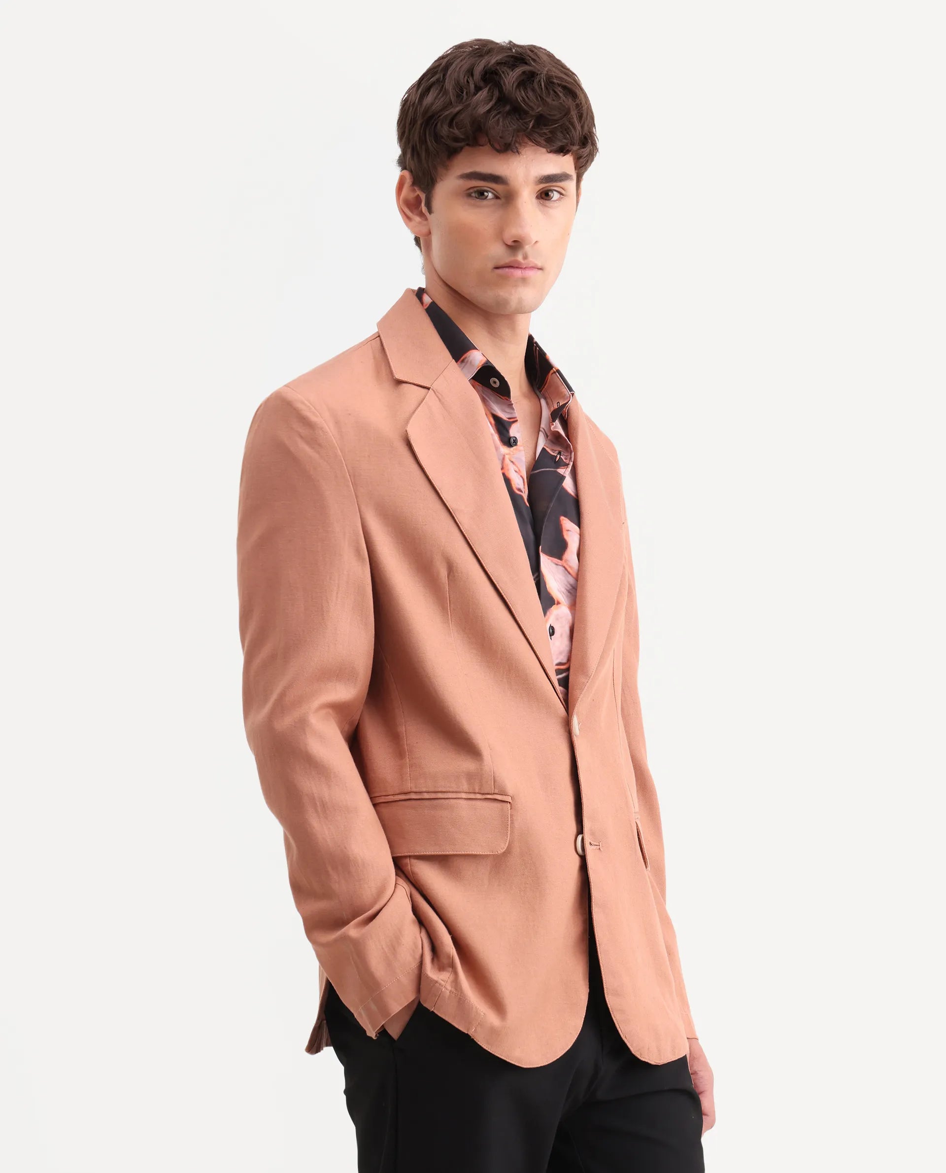 Rare Rabbit Men's Linol Peach Linen Blend Fabric Lapel Neck Tailored Fit Plain Blazer