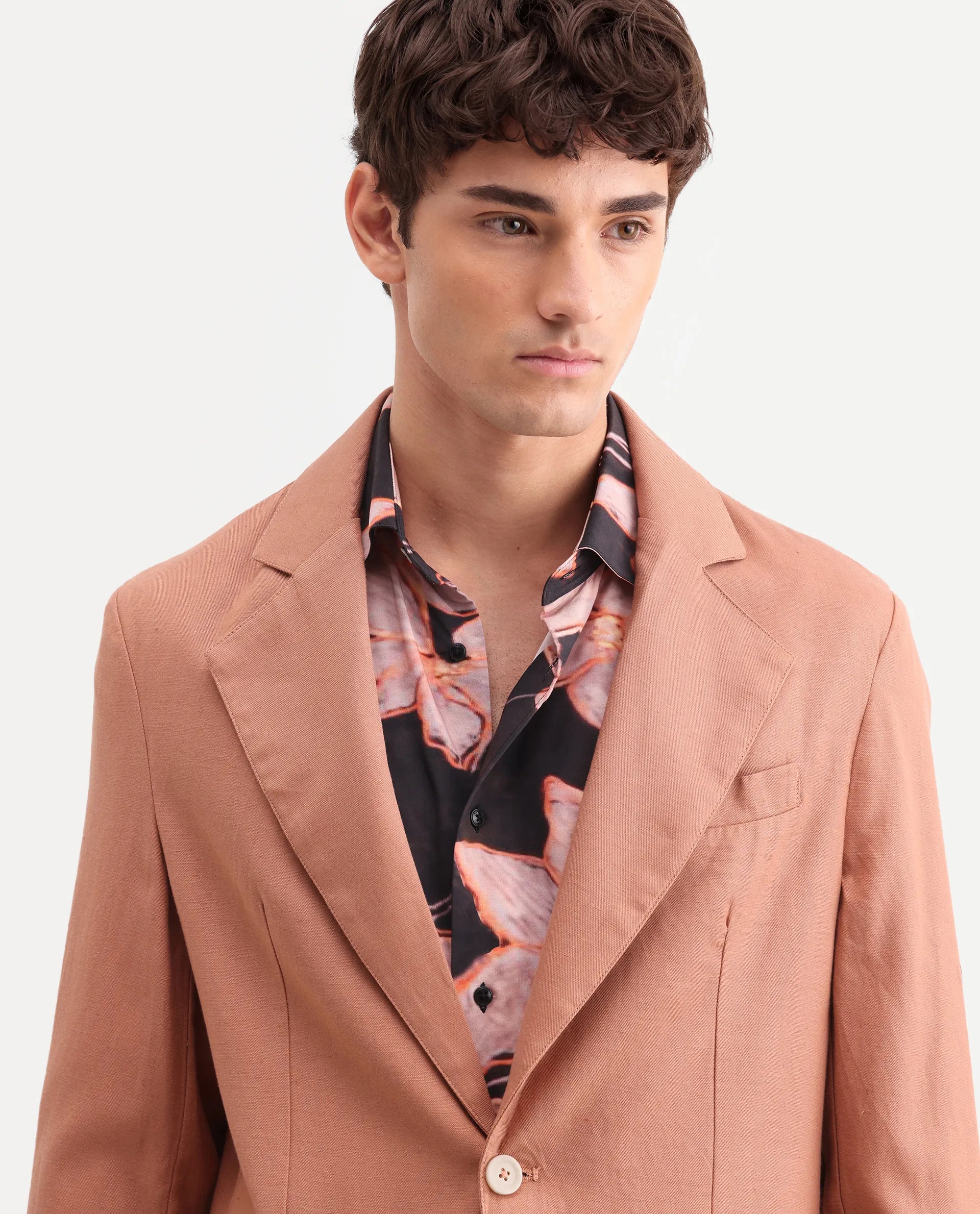 Rare Rabbit Men's Linol Peach Linen Blend Fabric Lapel Neck Tailored Fit Plain Blazer