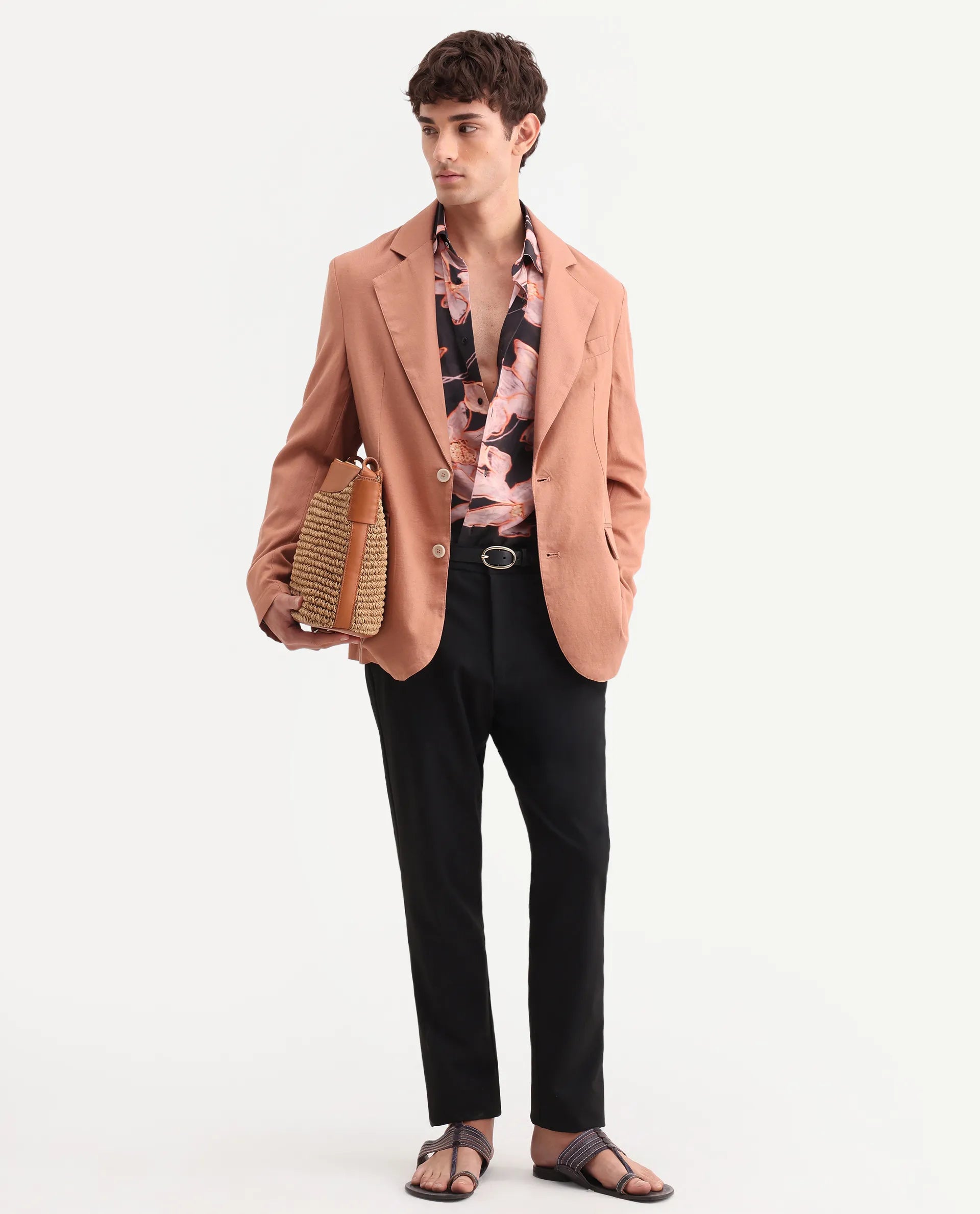 Rare Rabbit Men's Linol Peach Linen Blend Fabric Lapel Neck Tailored Fit Plain Blazer