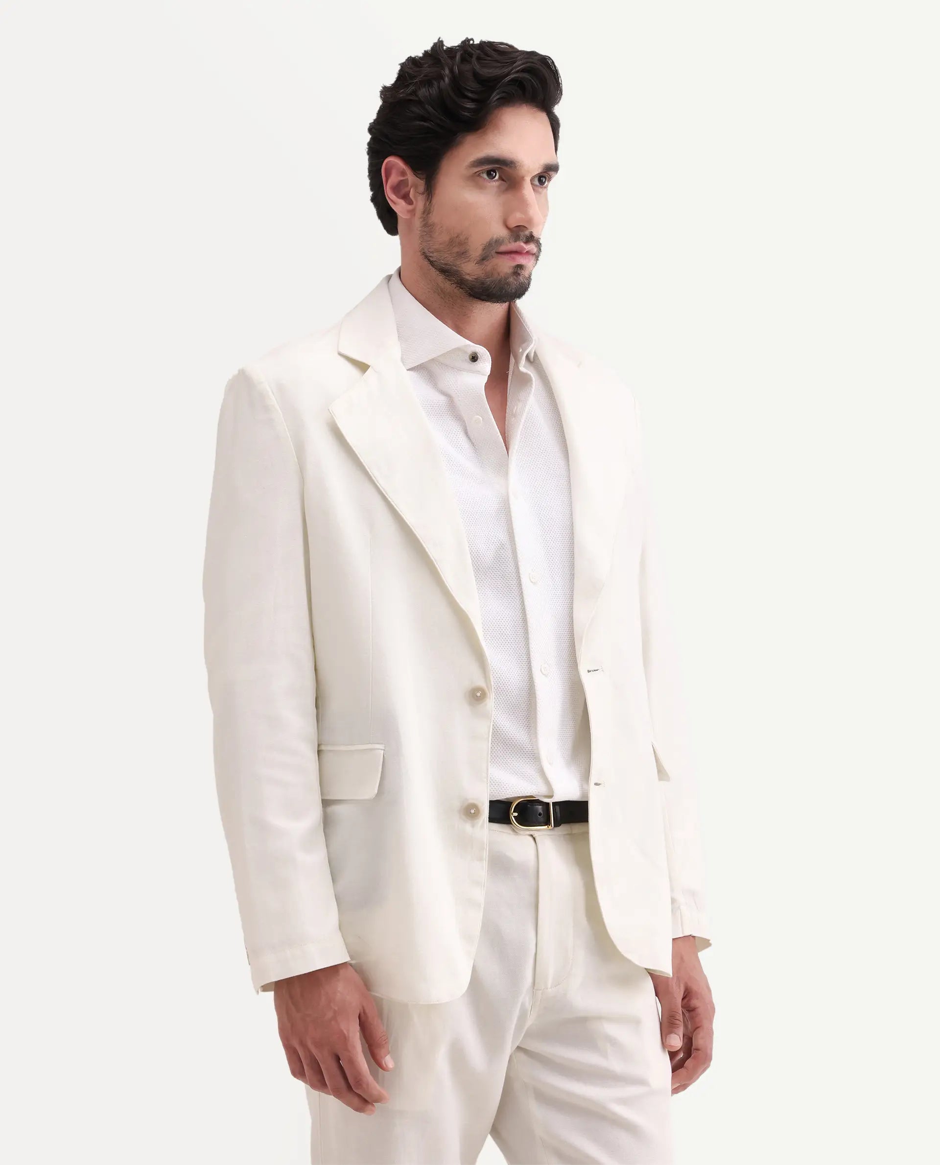 Rare Rabbit Men's Linol Off White Linen Blend Fabric Lapel Neck Tailored Fit Plain Blazer