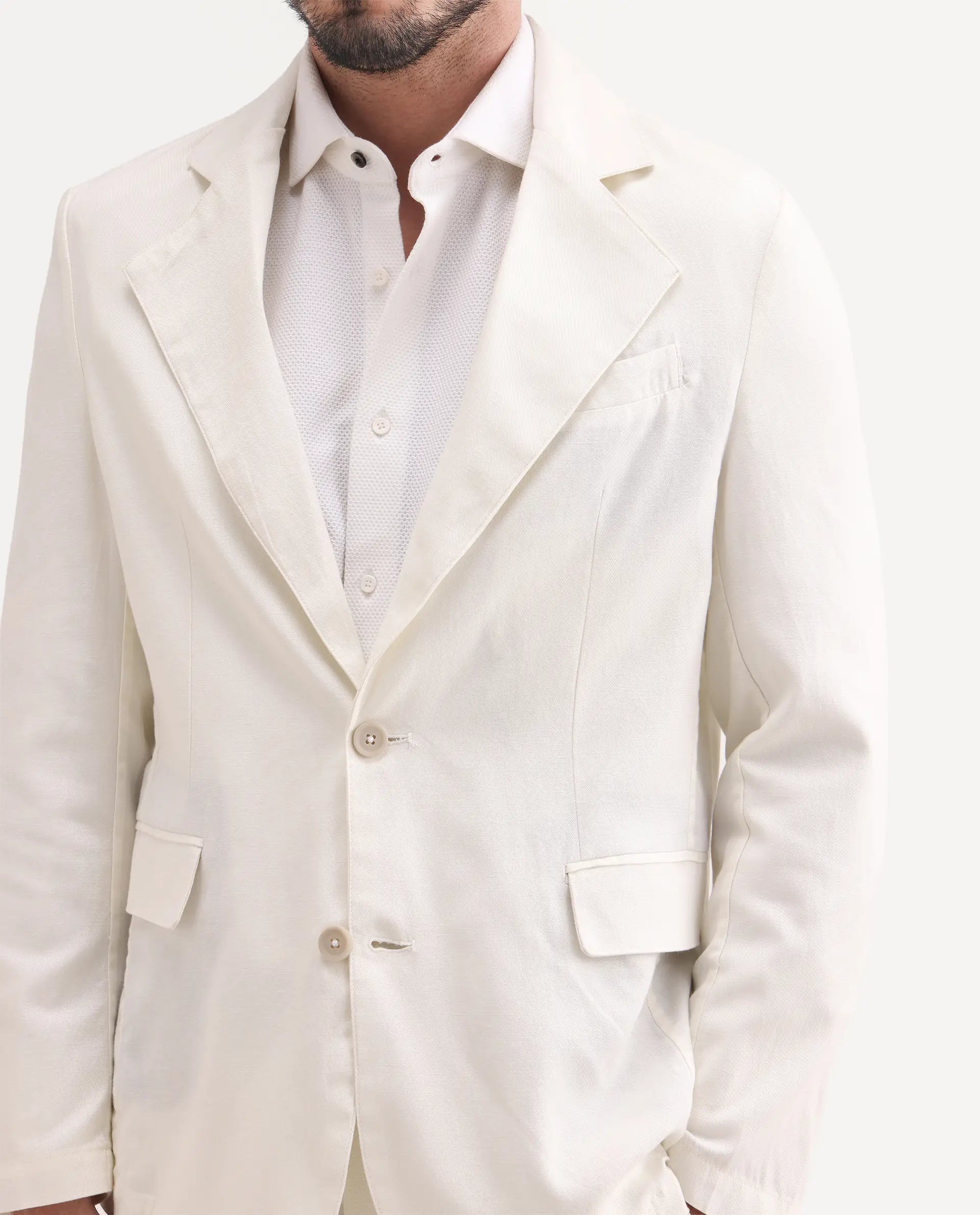 Rare Rabbit Men's Linol Off White Linen Blend Fabric Lapel Neck Tailored Fit Plain Blazer