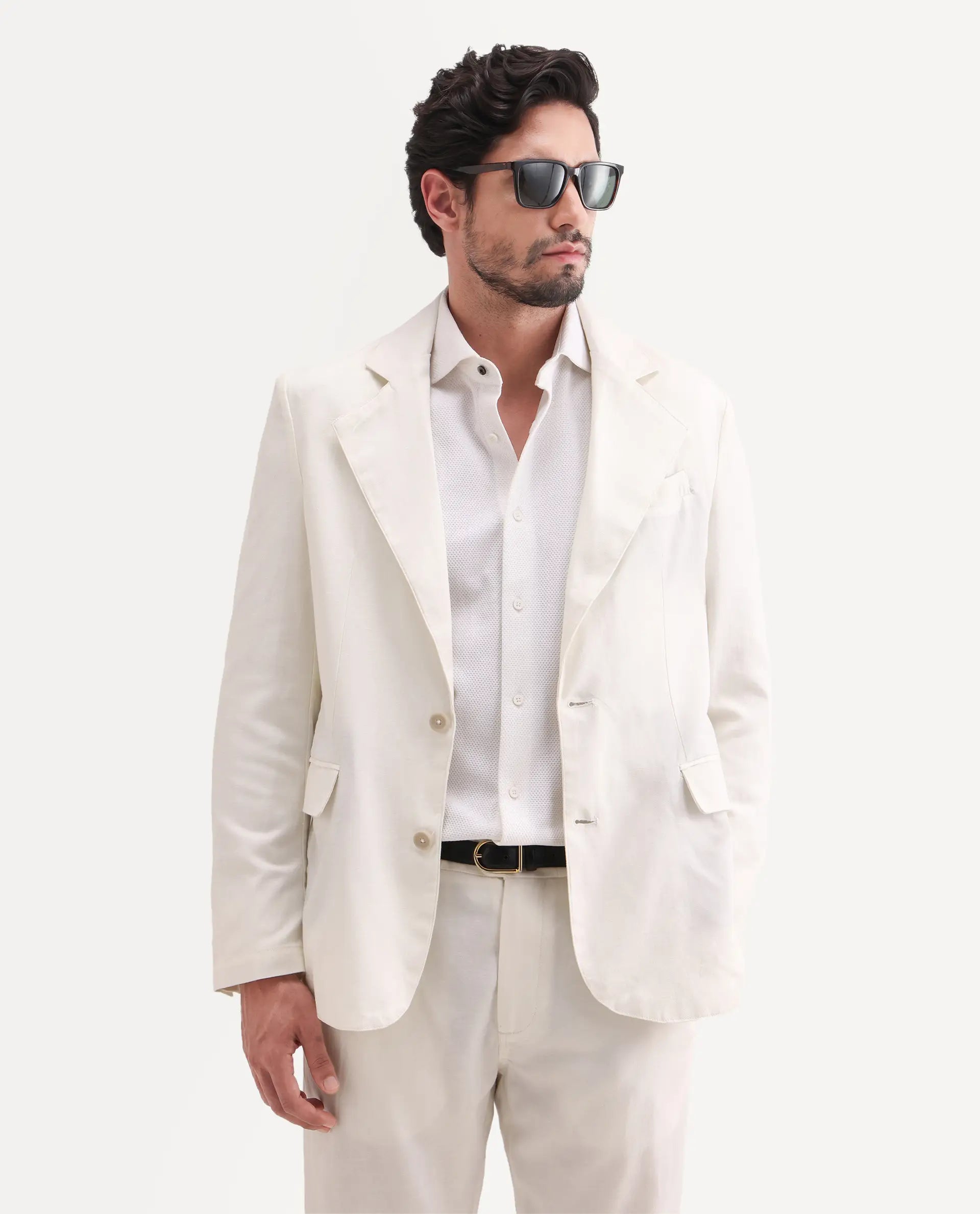 Rare Rabbit Men's Linol Off White Linen Blend Fabric Lapel Neck Tailored Fit Plain Blazer