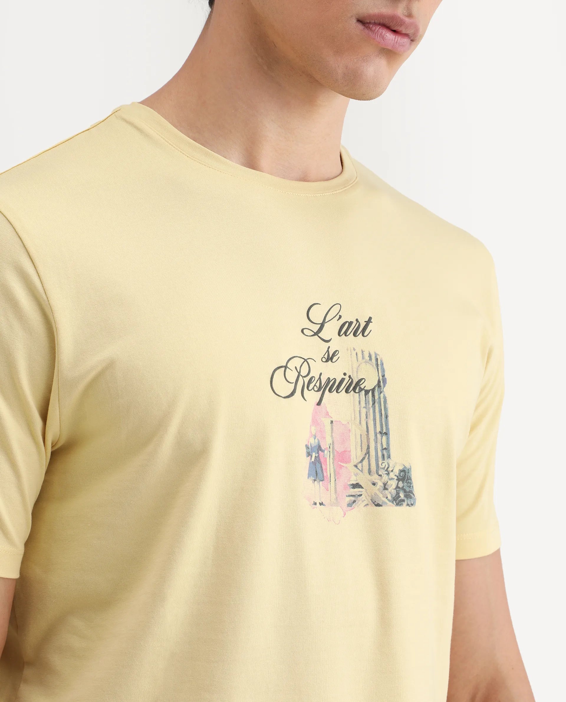 Rare Rabbit Men's Var Yellow Cotton Graphic Print Regular Fit Half Sleeve Crew Neck T-Shirt
