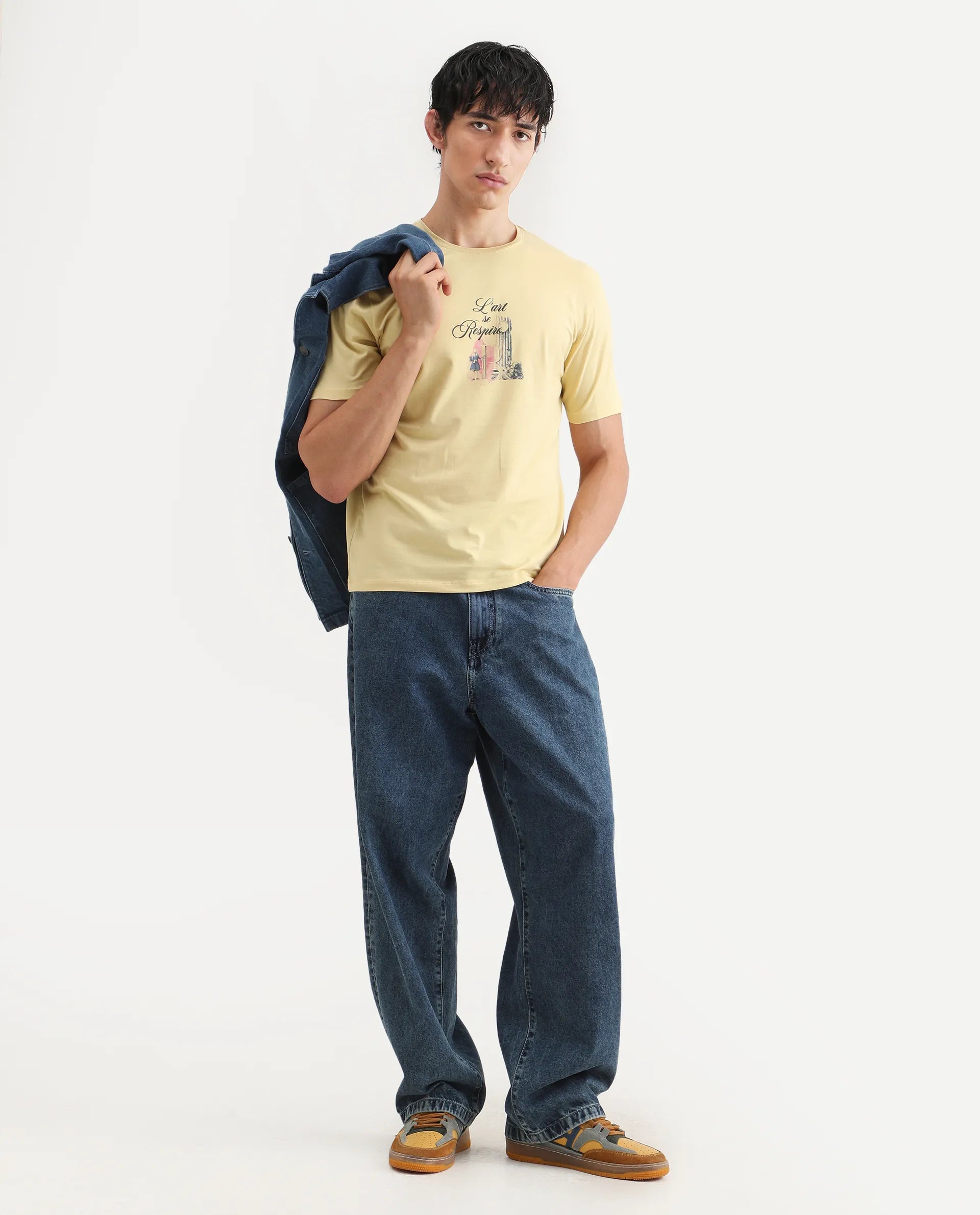Rare Rabbit Men's Var Yellow Cotton Graphic Print Regular Fit Half Sleeve Crew Neck T-Shirt