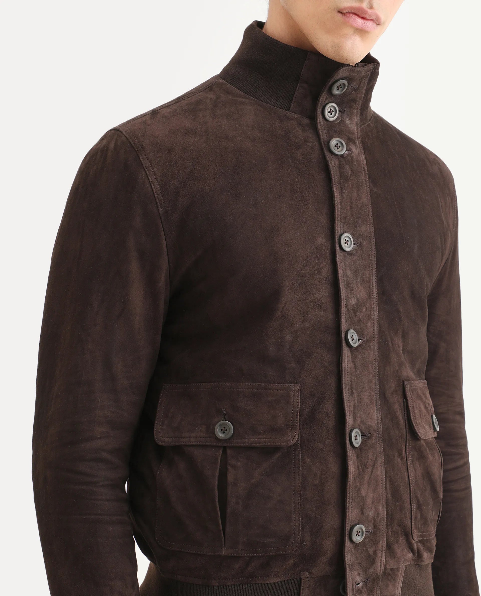 Rare Rabbit Men's Byron Brown Leather Fabric High Neck Ribbed Collar Regular Fit Plain Jacket